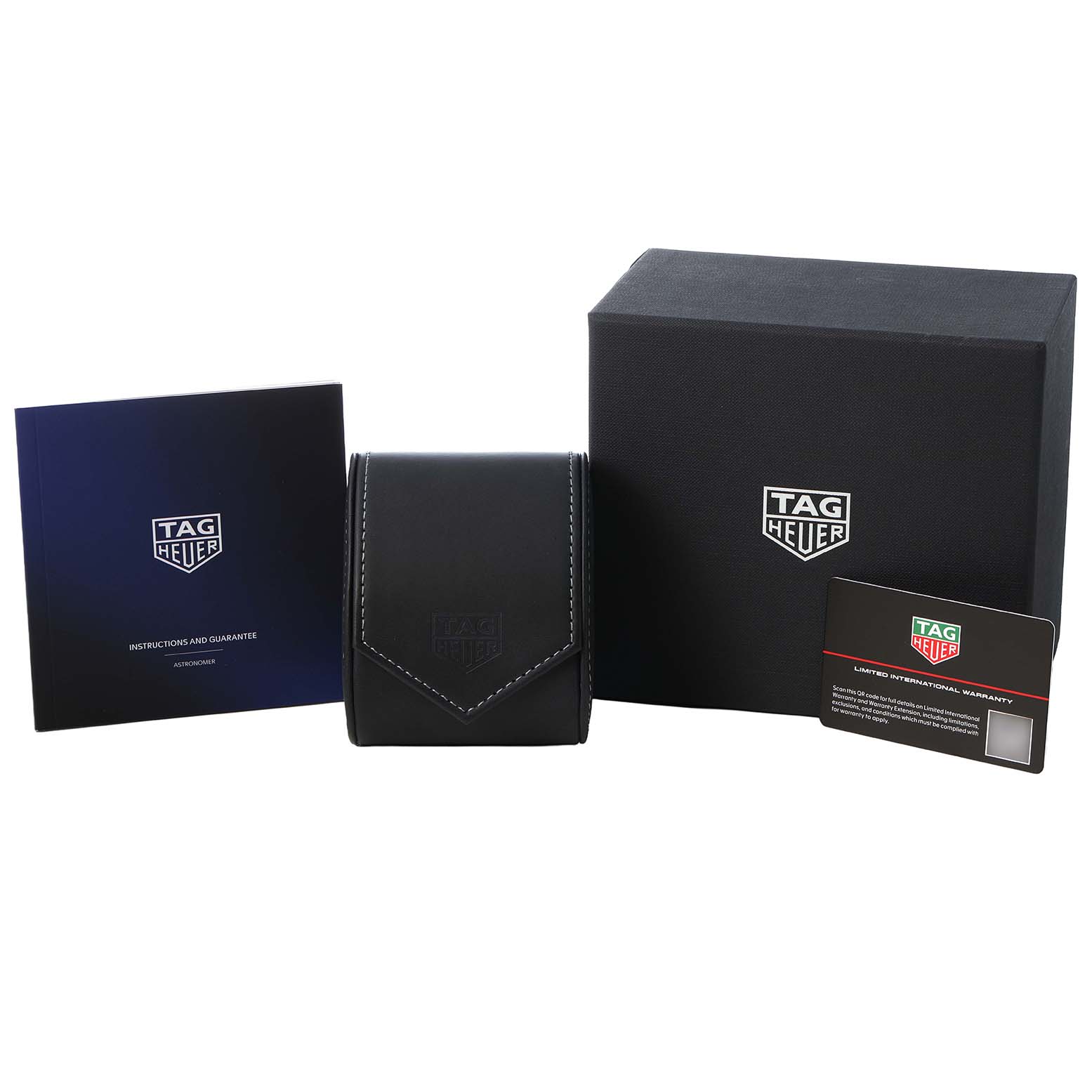 The image shows a Tag Heuer Carrera WBX2111.BD0002 Men's Stainless Steel Silver Dial watch packaging including a box, pouch, instruction booklet, and warranty card.