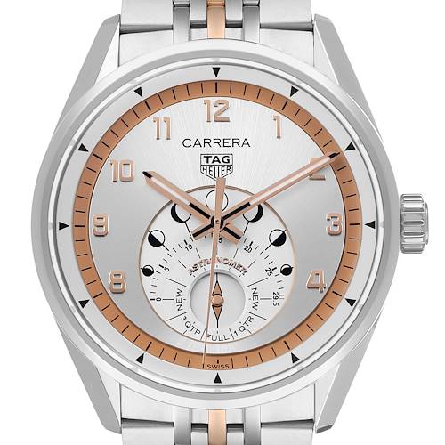 The Tag Heuer Carrera WBX2111.BD0002 Men's Stainless Steel Silver Dial watch is shown from a front angle, highlighting its dial with rose gold accents and moon phase indicator.