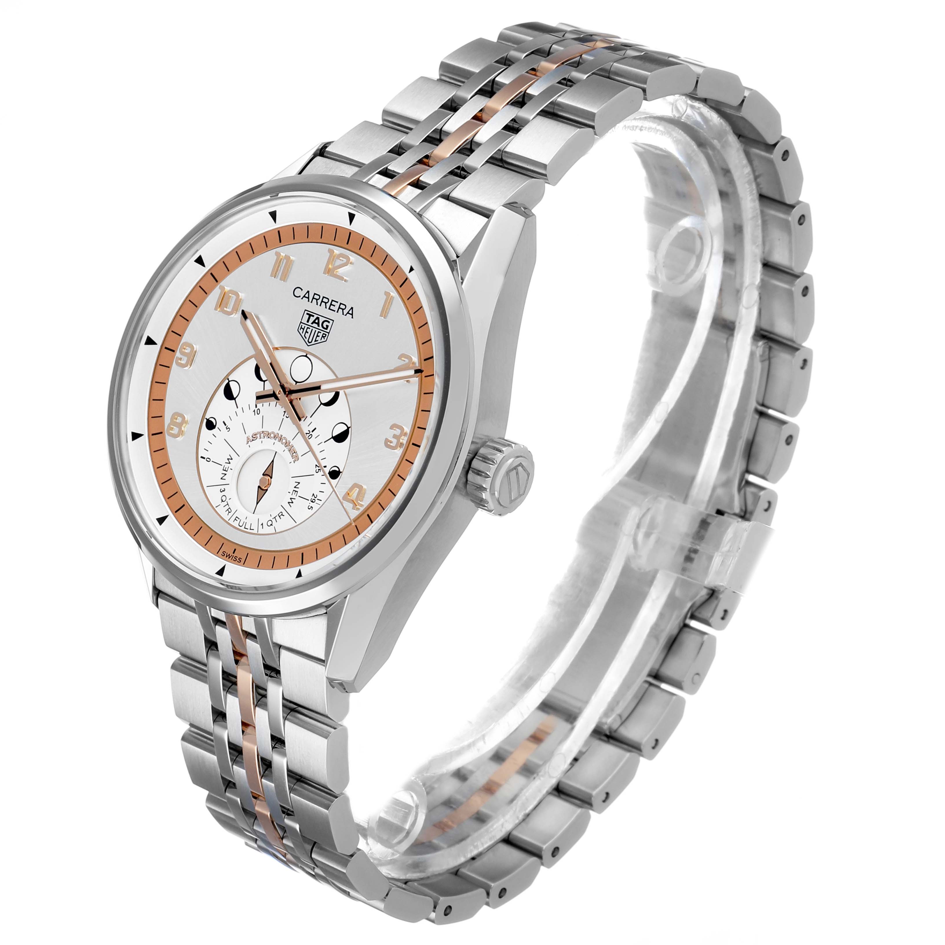 The image shows a Tag Heuer Carrera WBX2111.BD0002 Men's Stainless Steel Silver Dial watch at a three-quarter angle, highlighting the face, bezel, and bracelet.
