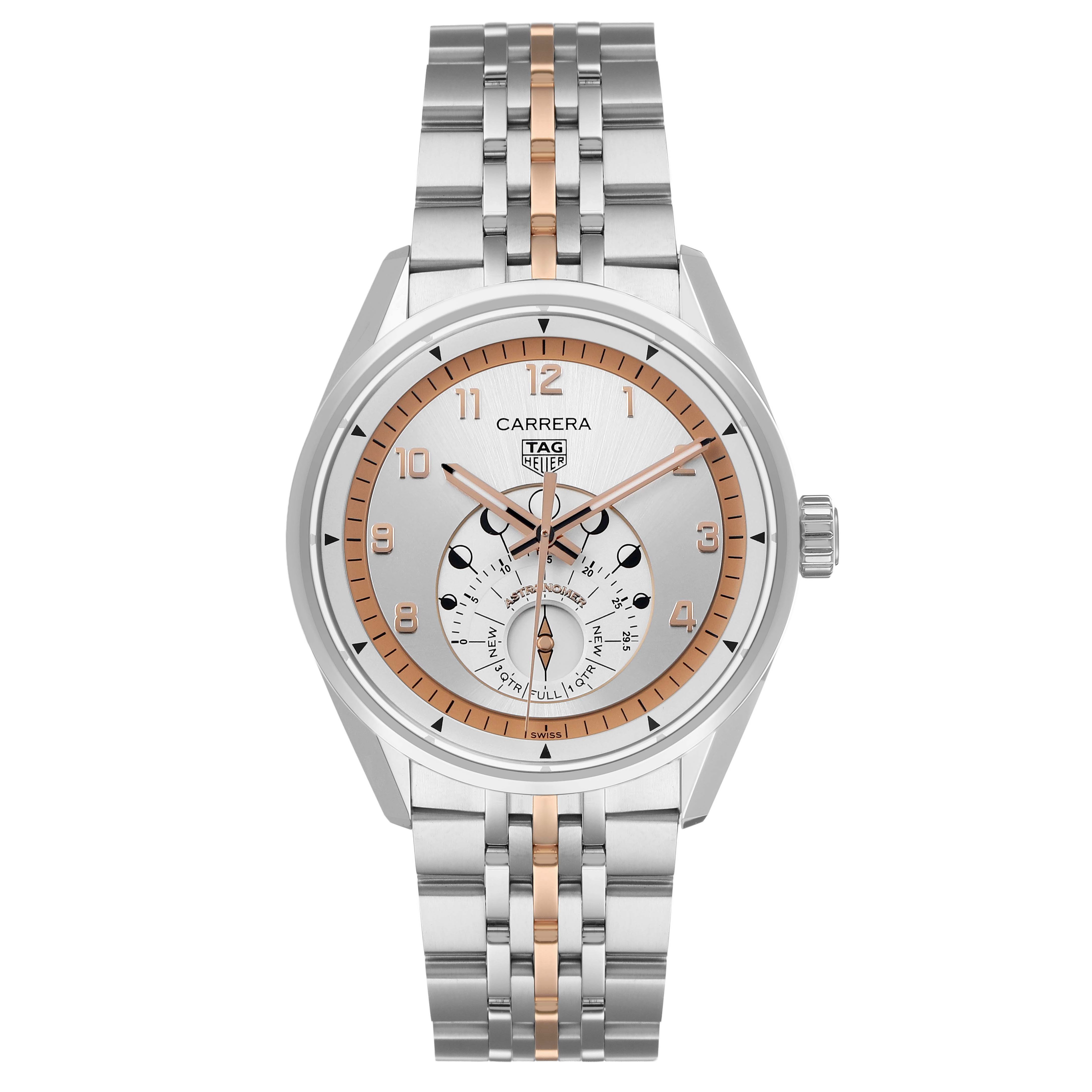 The Tag Heuer Carrera WBX2111.BD0002 Men's Stainless Steel Silver Dial watch is shown from a front angle, displaying its face, dial, and metal bracelet.