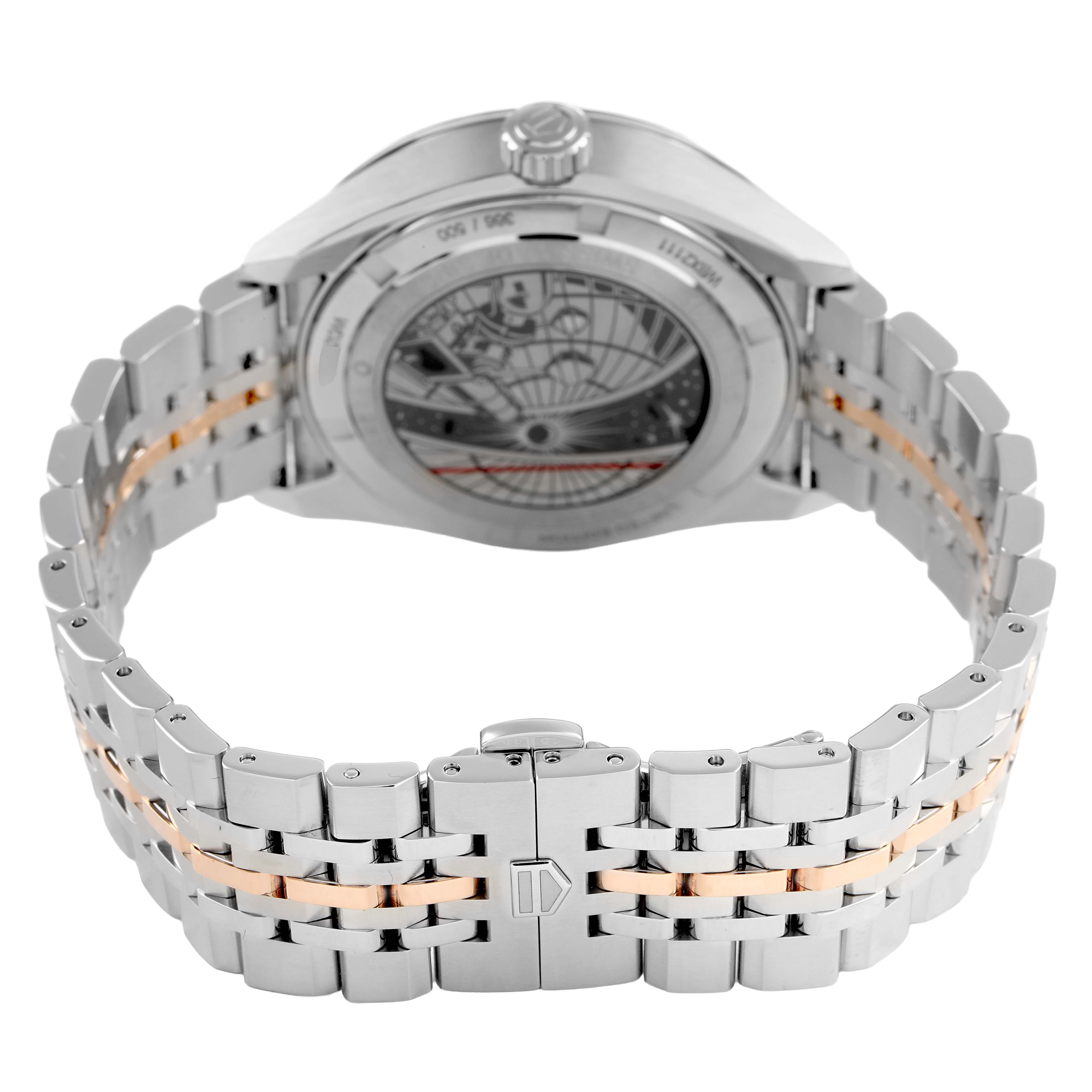 The image shows the back of the Tag Heuer Carrera WBX2111.BD0002 Men's Stainless Steel Silver Dial watch and its metal bracelet, highlighting the clasp and case back.