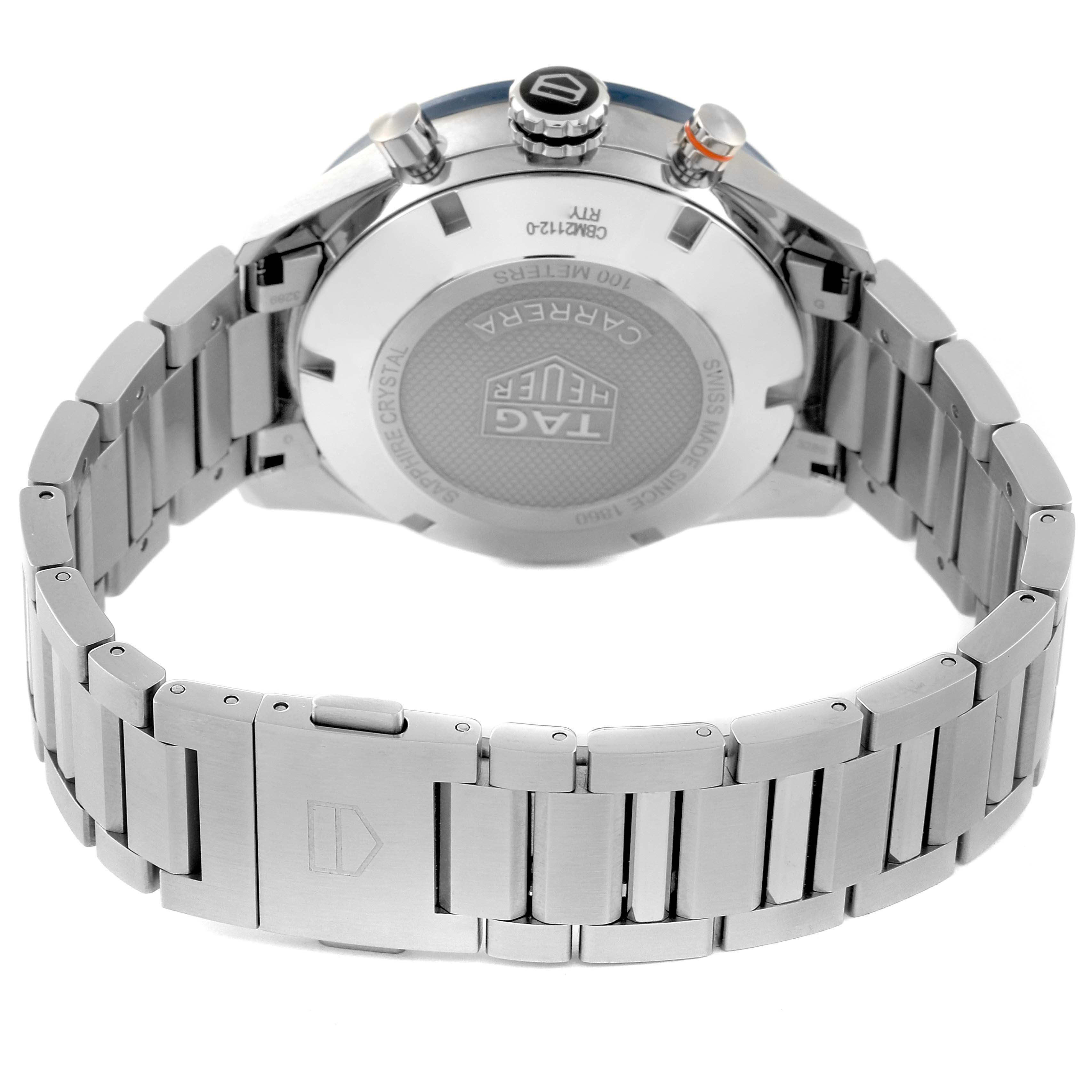The image shows the back view of a Tag Heuer Carrera CBM2112.BA0651 Men's Stainless Steel Blue Dial CBM2112.BA0651 Men's Stainless Steel Blue Dial watch with its stainless steel bracelet and case back.