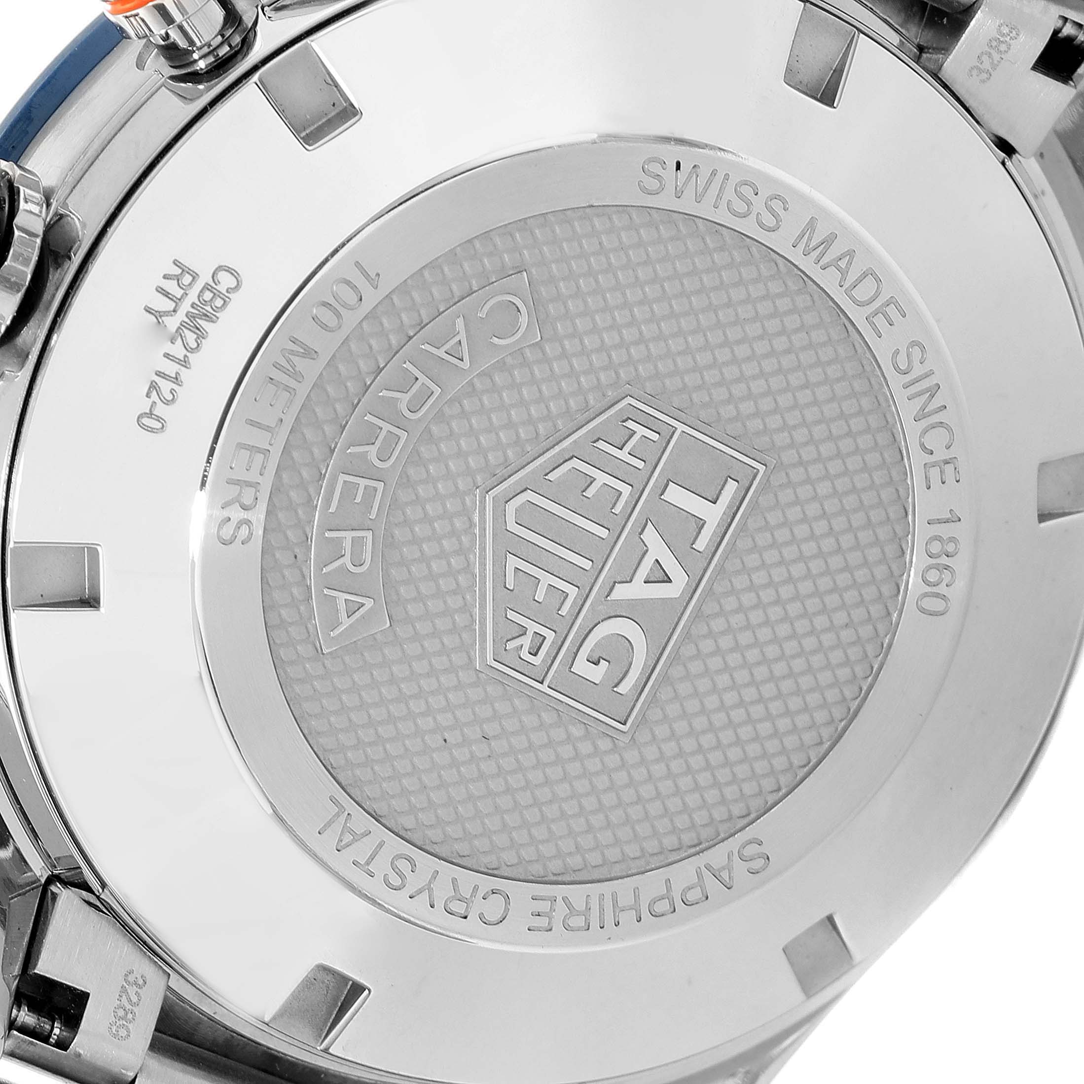The image shows the back case of a Tag Heuer Carrera CBM2112.BA0651 Men's Stainless Steel Blue Dial CBM2112.BA0651 Men's Stainless Steel Blue Dial watch, detailing its branding, water resistance, and sapphire crystal.