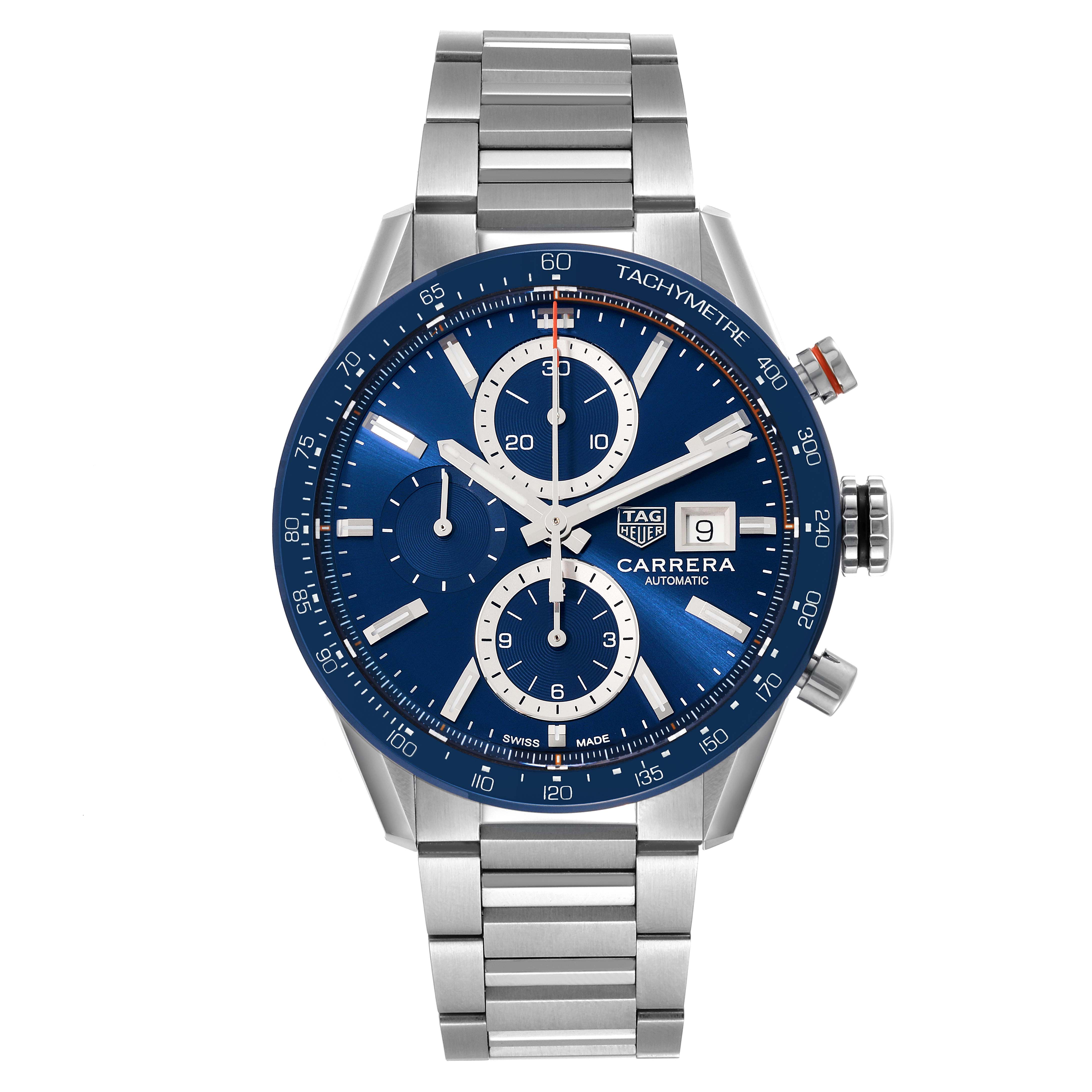 The image shows a front view of a Tag Heuer Carrera CBM2112.BA0651 Men's Stainless Steel Blue Dial CBM2112.BA0651 Men's Stainless Steel Blue Dial watch, highlighting its blue dial, chronograph sub-dials, and metal bracelet.
