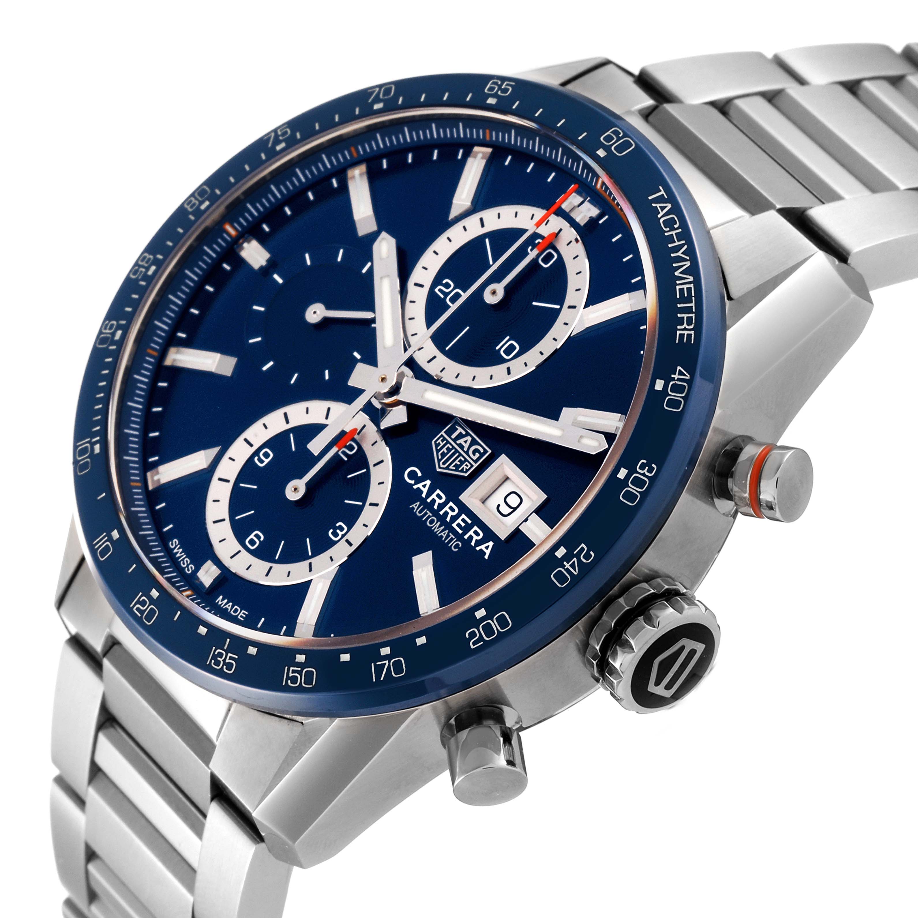 The image shows a close-up left-side angle of the Tag Heuer Carrera CBM2112.BA0651 Men's Stainless Steel Blue Dial CBM2112.BA0651 Men's Stainless Steel Blue Dial watch, displaying its blue dial, tachymeter, and chronograph sub-dials.
