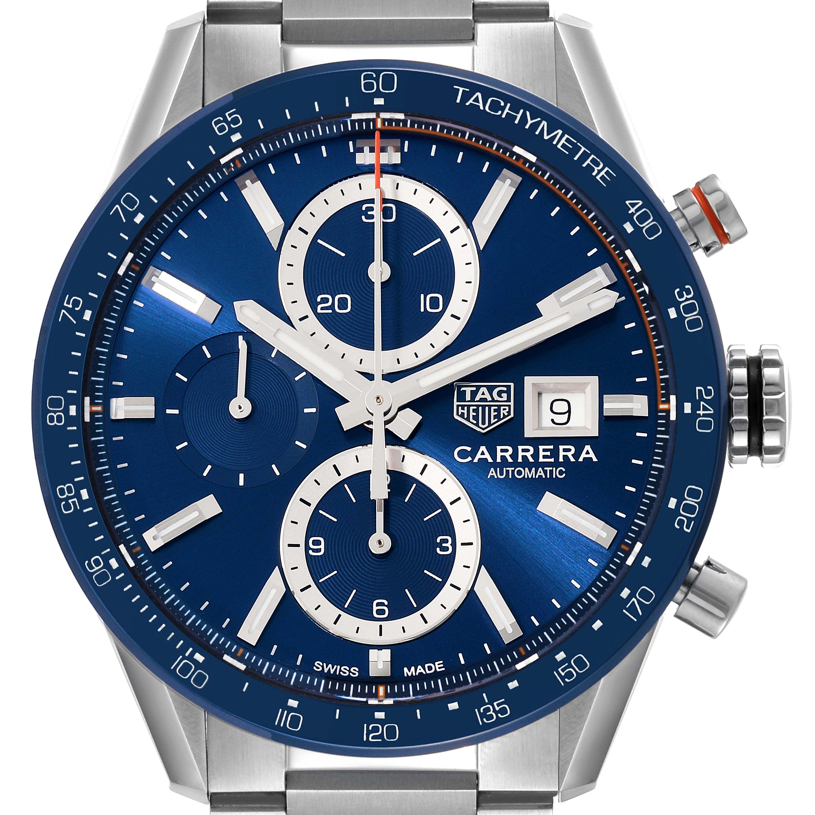 The image shows a front view of the Tag Heuer Carrera CBM2112.BA0651 Men's Stainless Steel Blue Dial CBM2112.BA0651 Men's Stainless Steel Blue Dial watch, detailing the blue dial, subdials, date window, and tachymeter bezel.