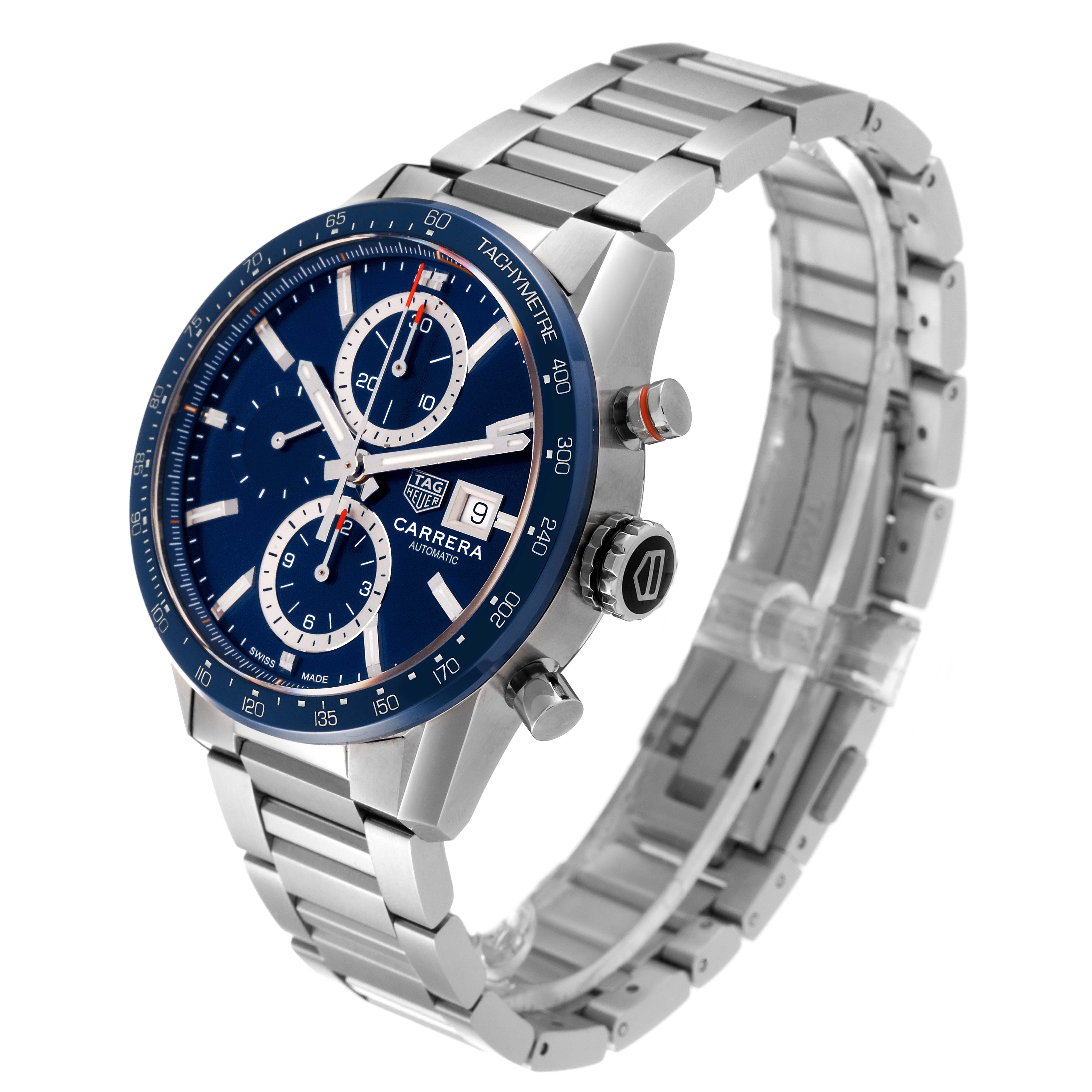The Tag Heuer Carrera CBM2112.BA0651 Men's Stainless Steel Blue Dial CBM2112.BA0651 Men's Stainless Steel Blue Dial watch is shown at a three-quarter angle, displaying the face, bracelet, and crown.