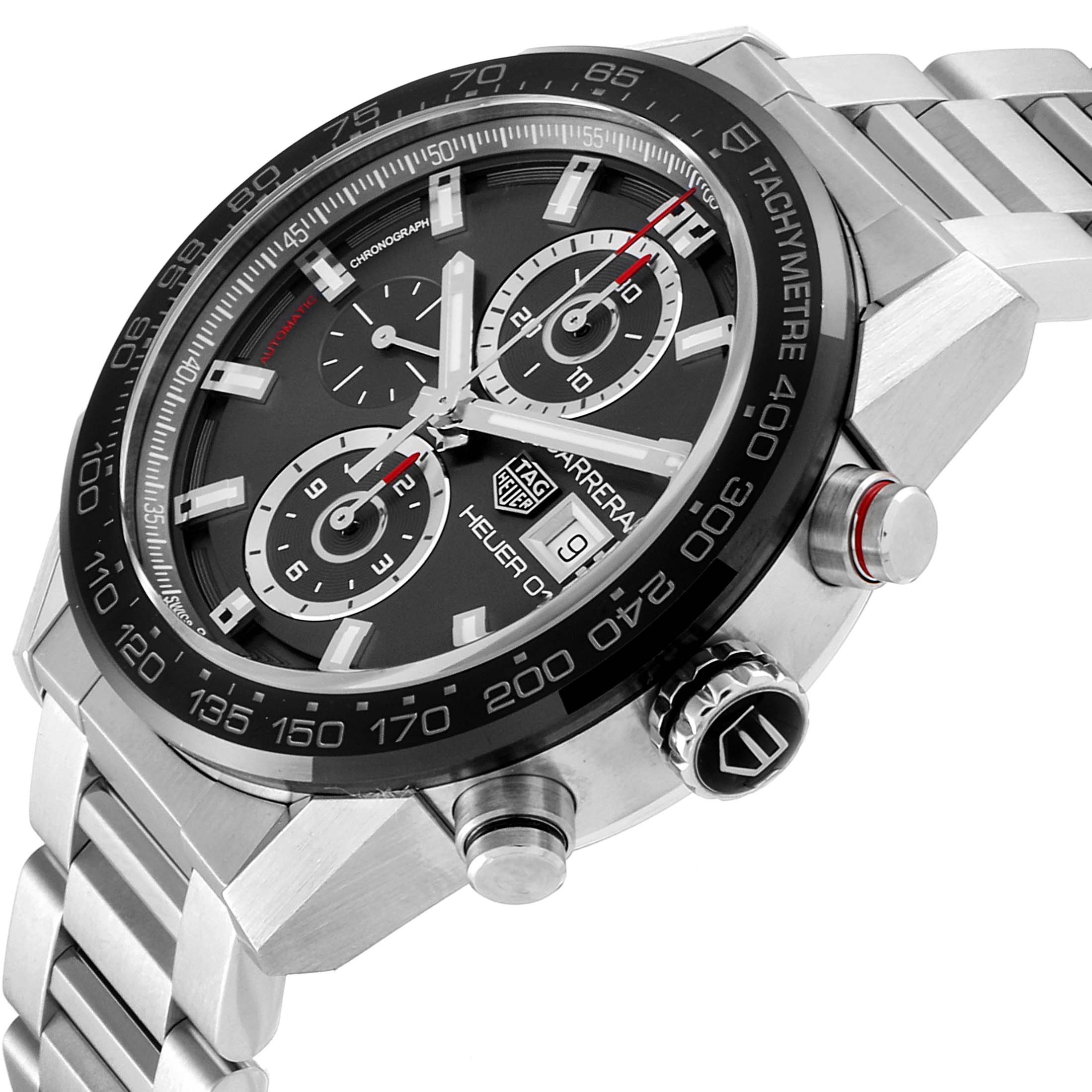 This image shows a close-up, side angle of the Tag Heuer Carrera CAR201W.BA0714 Men
s Stainless Steel Black Dial CAR201W.BA0714 Men
s Stainless Steel Black Dial watch, highlighting its dial, bezel, crown, and pushers.