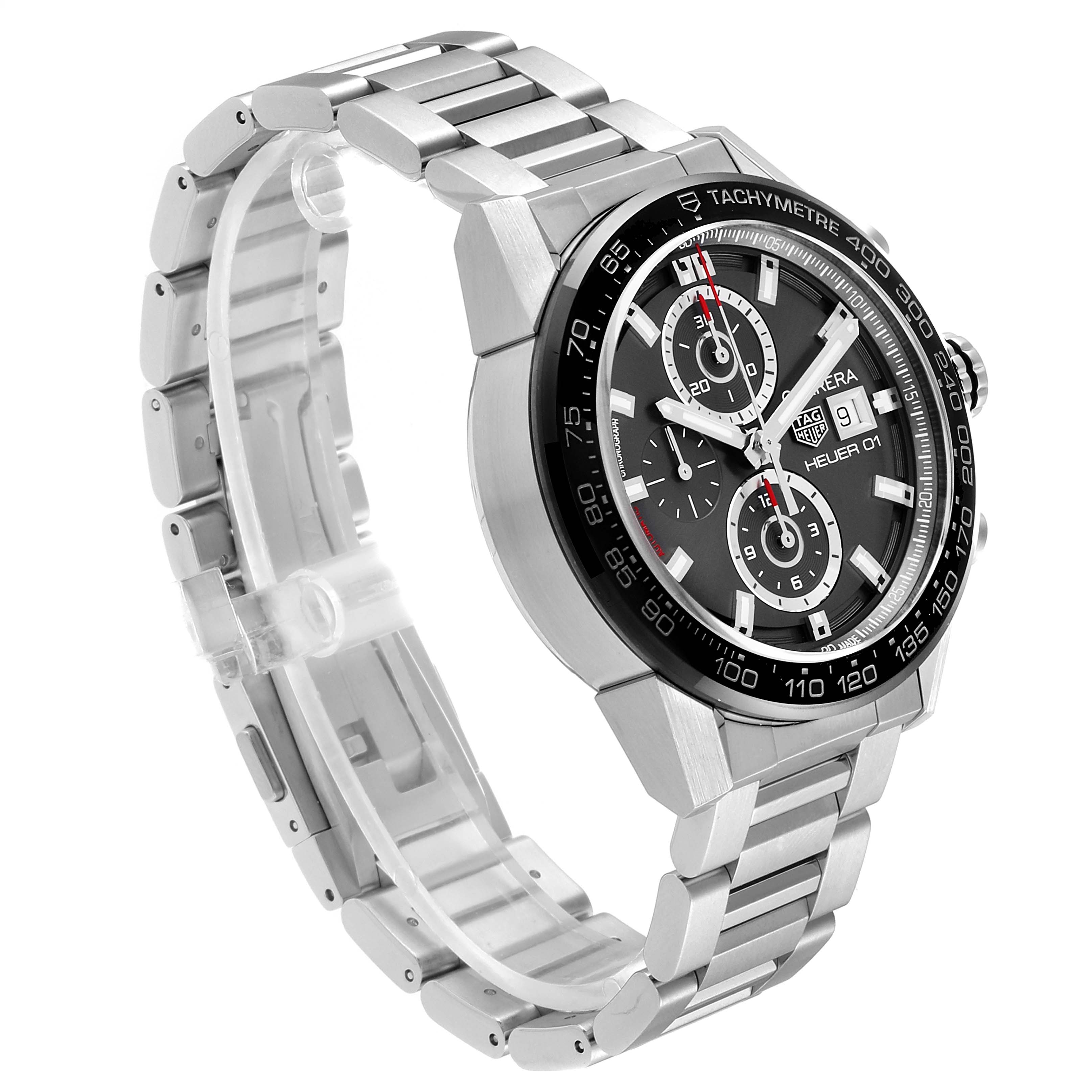 The Tag Heuer Carrera CAR201W.BA0714 Men
s Stainless Steel Black Dial CAR201W.BA0714 Men
s Stainless Steel Black Dial watch is shown at a 3/4 angle, displaying its bracelet, tachymeter bezel, and chronograph dial.