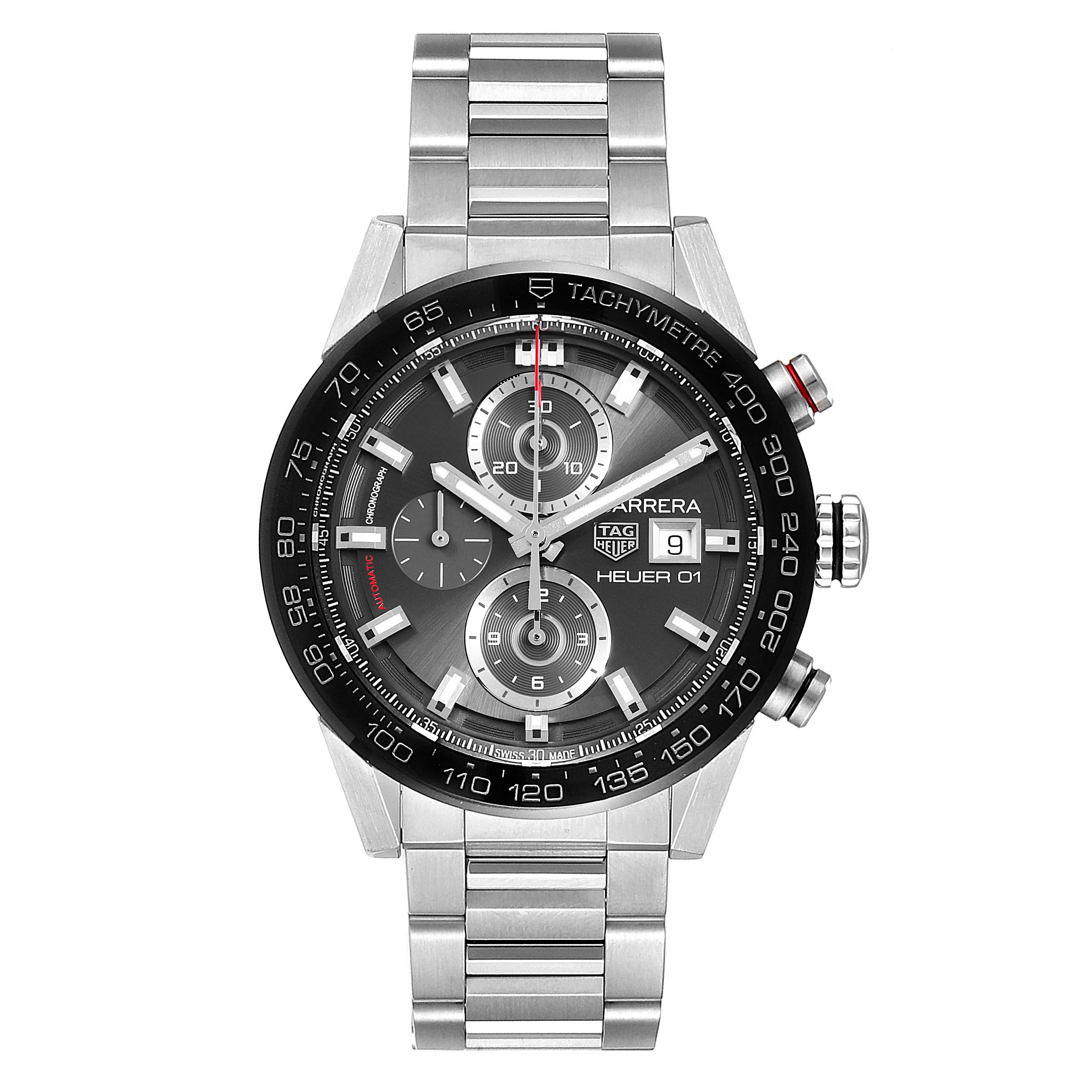 The image shows a front view of the Tag Heuer Carrera CAR201W.BA0714 Men
s Stainless Steel Black Dial CAR201W.BA0714 Men
s Stainless Steel Black Dial watch, highlighting the dial, bezel, and metal bracelet.