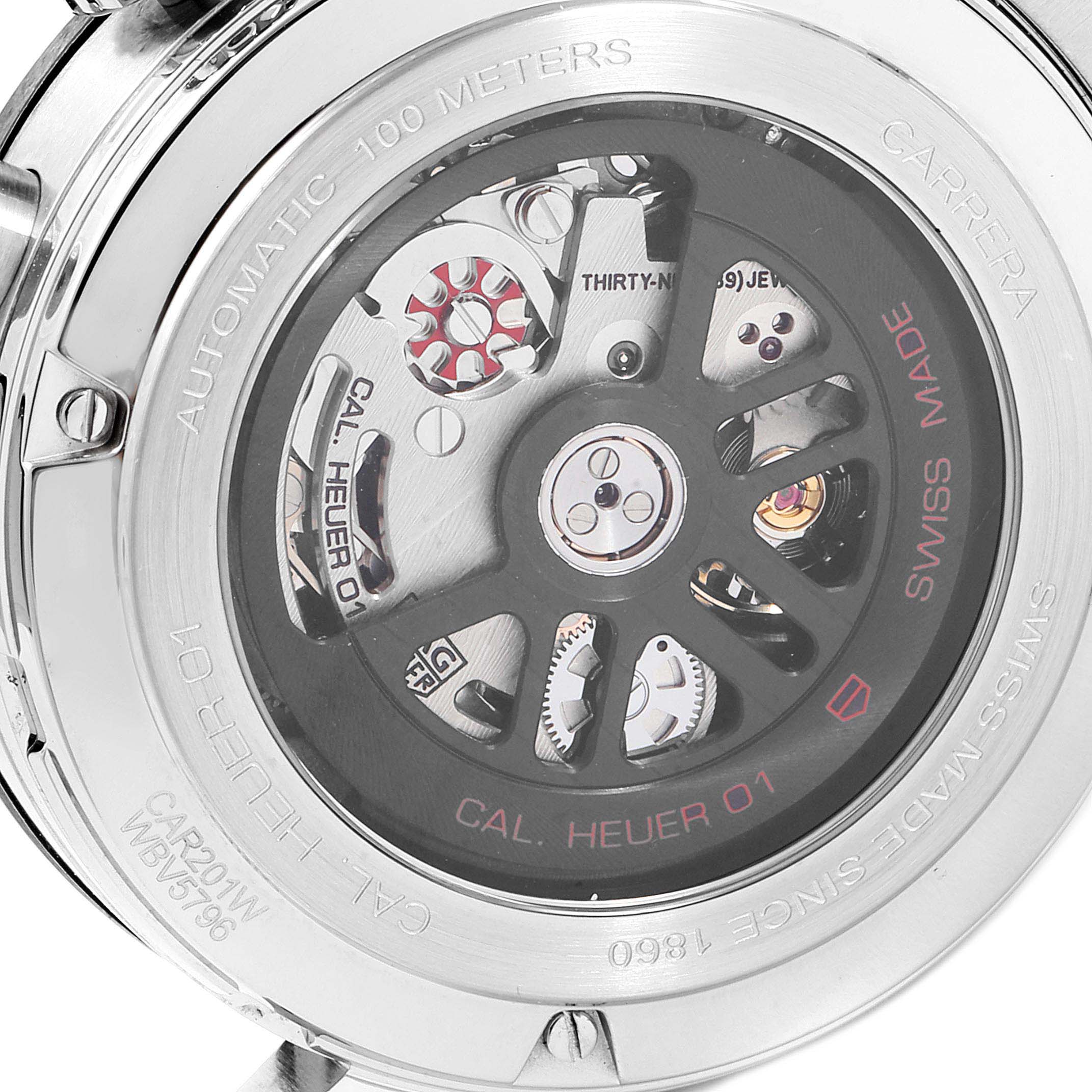 The image shows the back casing of the Tag Heuer Carrera CAR201W.BA0714 Men
s Stainless Steel Black Dial CAR201W.BA0714 Men
s Stainless Steel Black Dial watch, displaying the automatic movement and internal mechanisms.