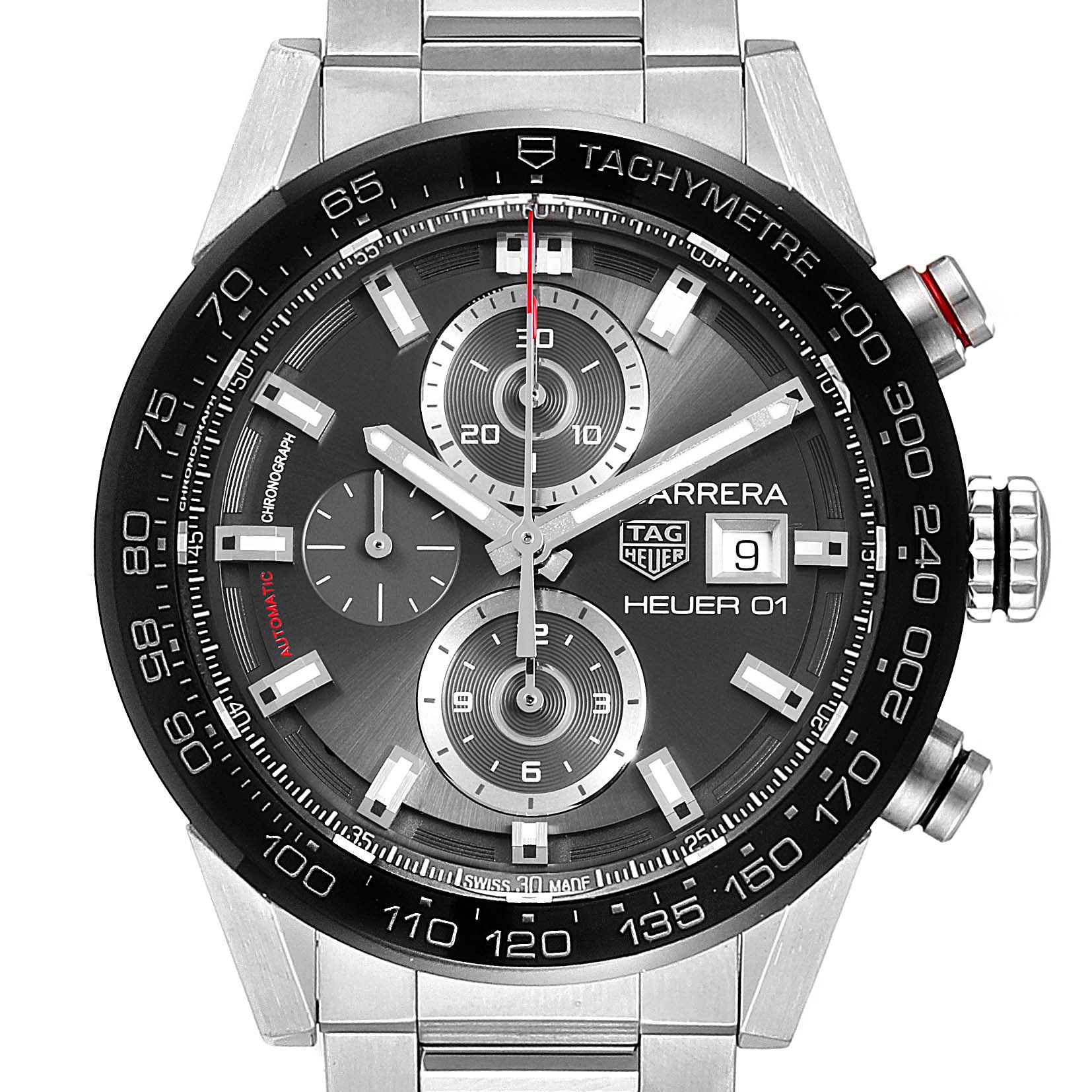This image shows the full face of a Tag Heuer Carrera CAR201W.BA0714 Men
s Stainless Steel Black Dial CAR201W.BA0714 Men
s Stainless Steel Black Dial model watch, including its three subdials, tachymeter bezel, and metallic bracelet.