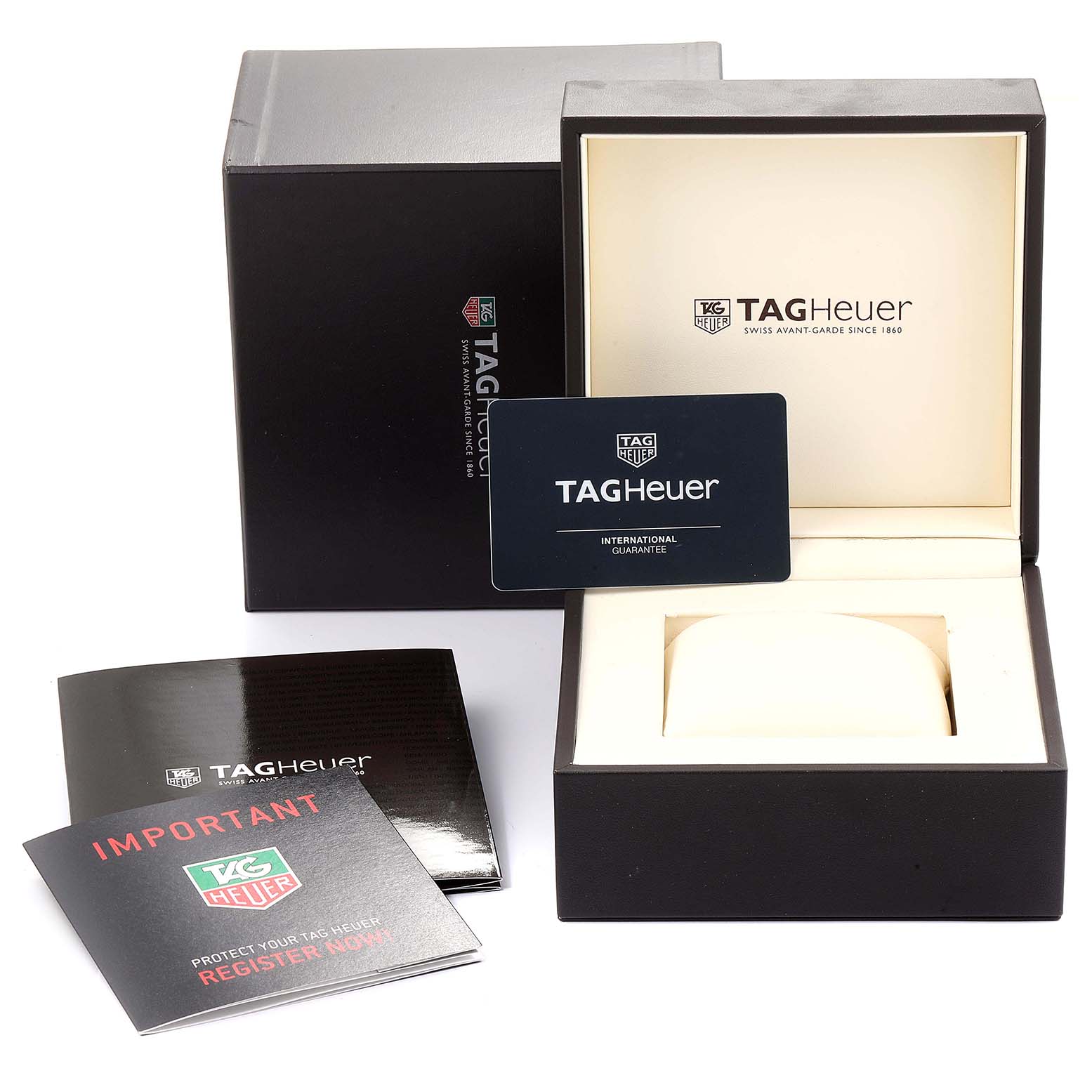 The image shows the packaging, box, and warranty card for the Tag Heuer Carrera CAR201W.BA0714 Men
s Stainless Steel Black Dial CAR201W.BA0714 Men
s Stainless Steel Black Dial watch model.