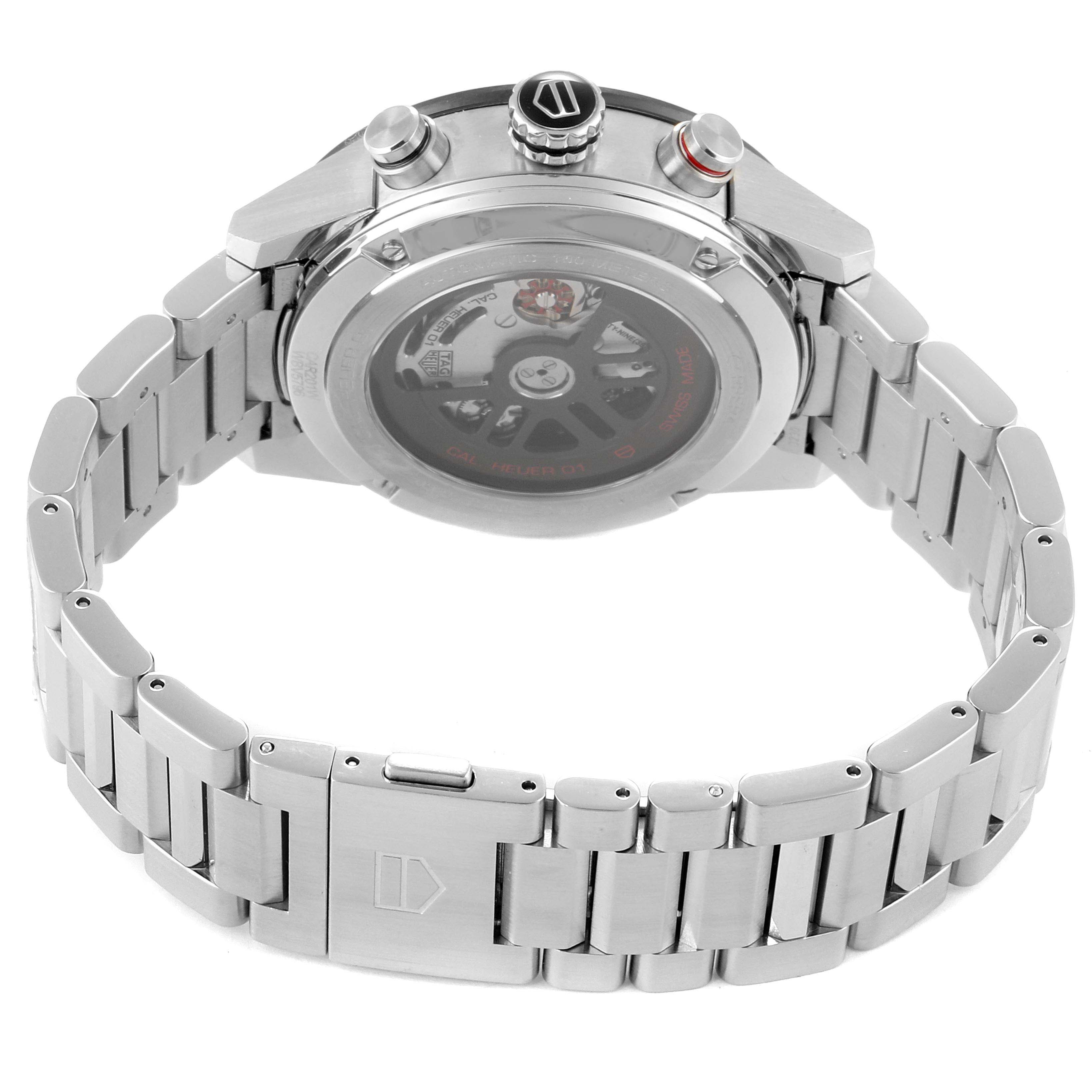 The image shows the back and side view of the Tag Heuer Carrera CAR201W.BA0714 Men
s Stainless Steel Black Dial CAR201W.BA0714 Men
s Stainless Steel Black Dial watch, including the case back and metal bracelet.