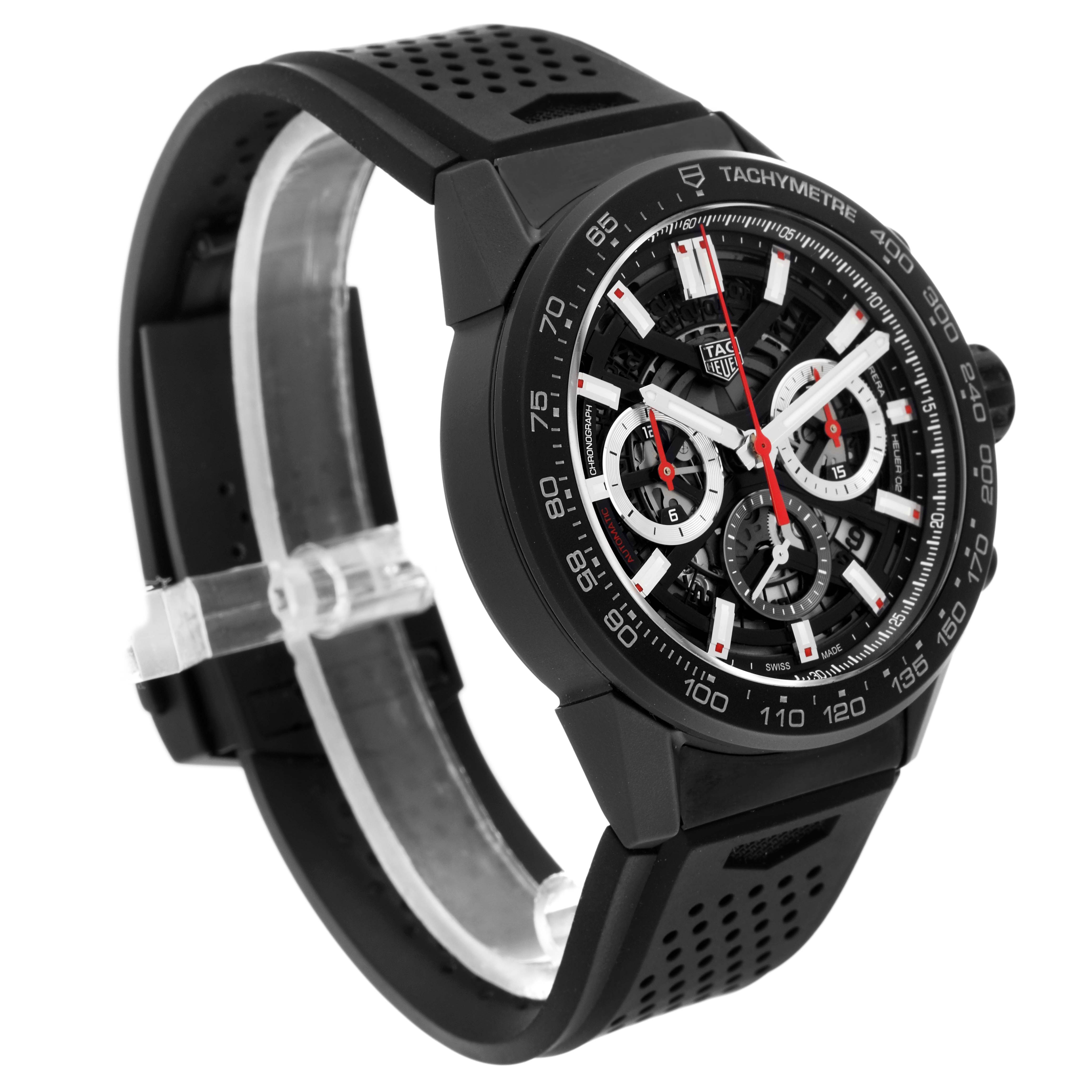The image shows a side angle of the Tag Heuer Carrera CBG2A90.BH0653 Men's Stainless Steel Black Dial CBG2A90.BH0653 Men's Stainless Steel Black Dial watch, featuring the dial and perforated black strap.