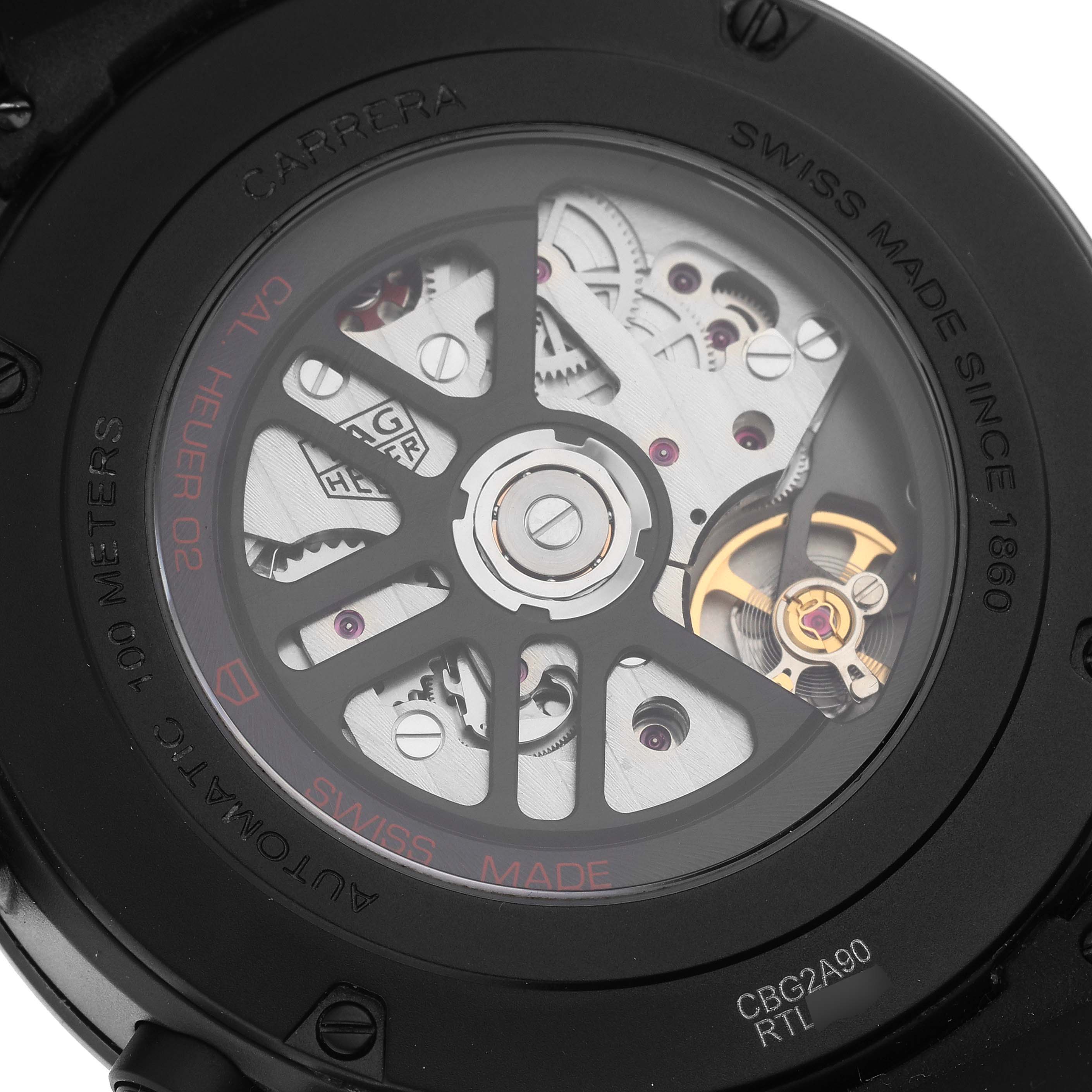 This image shows the back view of the Tag Heuer Carrera CBG2A90.BH0653 Men's Stainless Steel Black Dial CBG2A90.BH0653 Men's Stainless Steel Black Dial watch, revealing its internal mechanical movement.