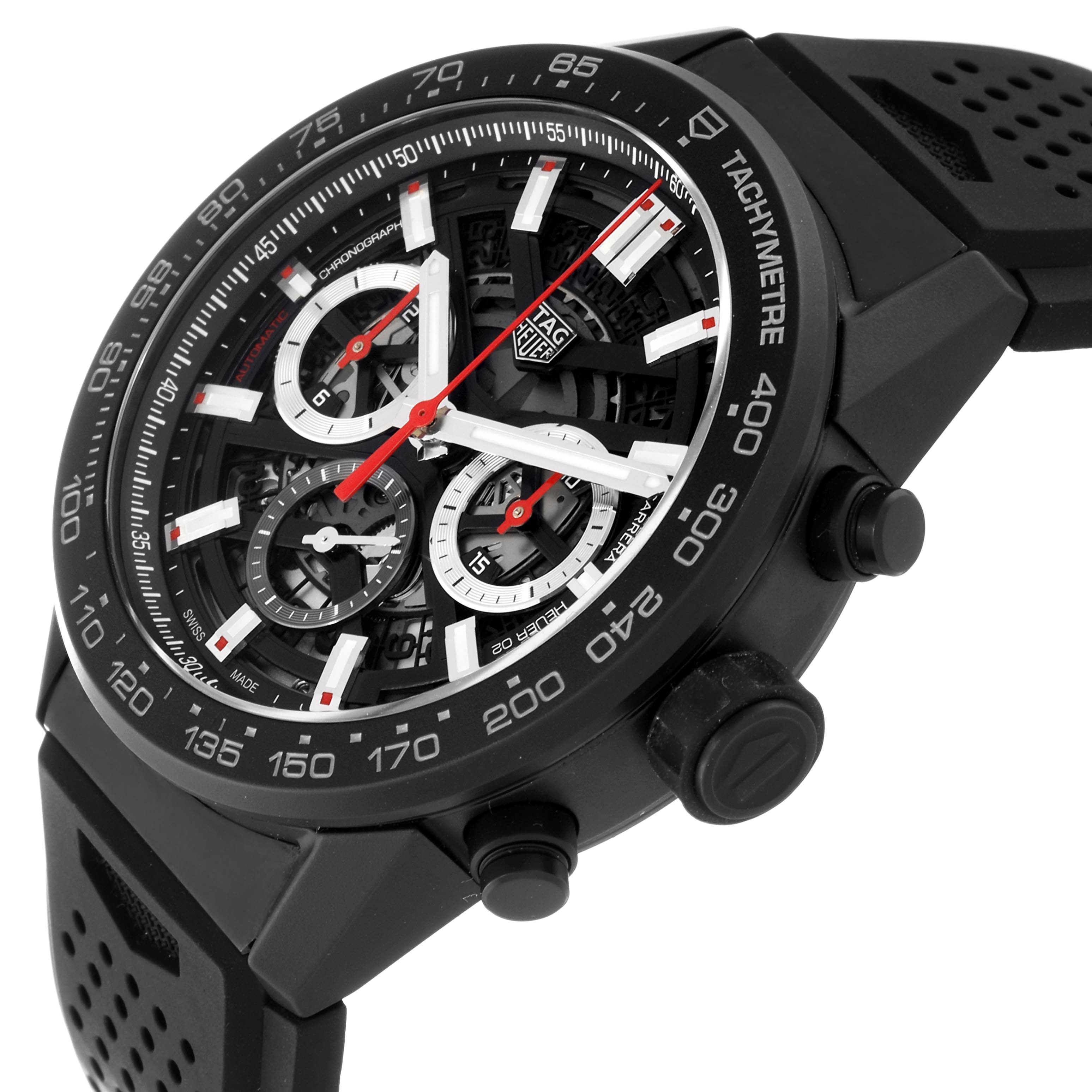 This image shows a Tag Heuer Carrera CBG2A90.BH0653 Men's Stainless Steel Black Dial CBG2A90.BH0653 Men's Stainless Steel Black Dial watch at a three-quarter angle, highlighting its dial, subdials, tachymeter, and pushers.