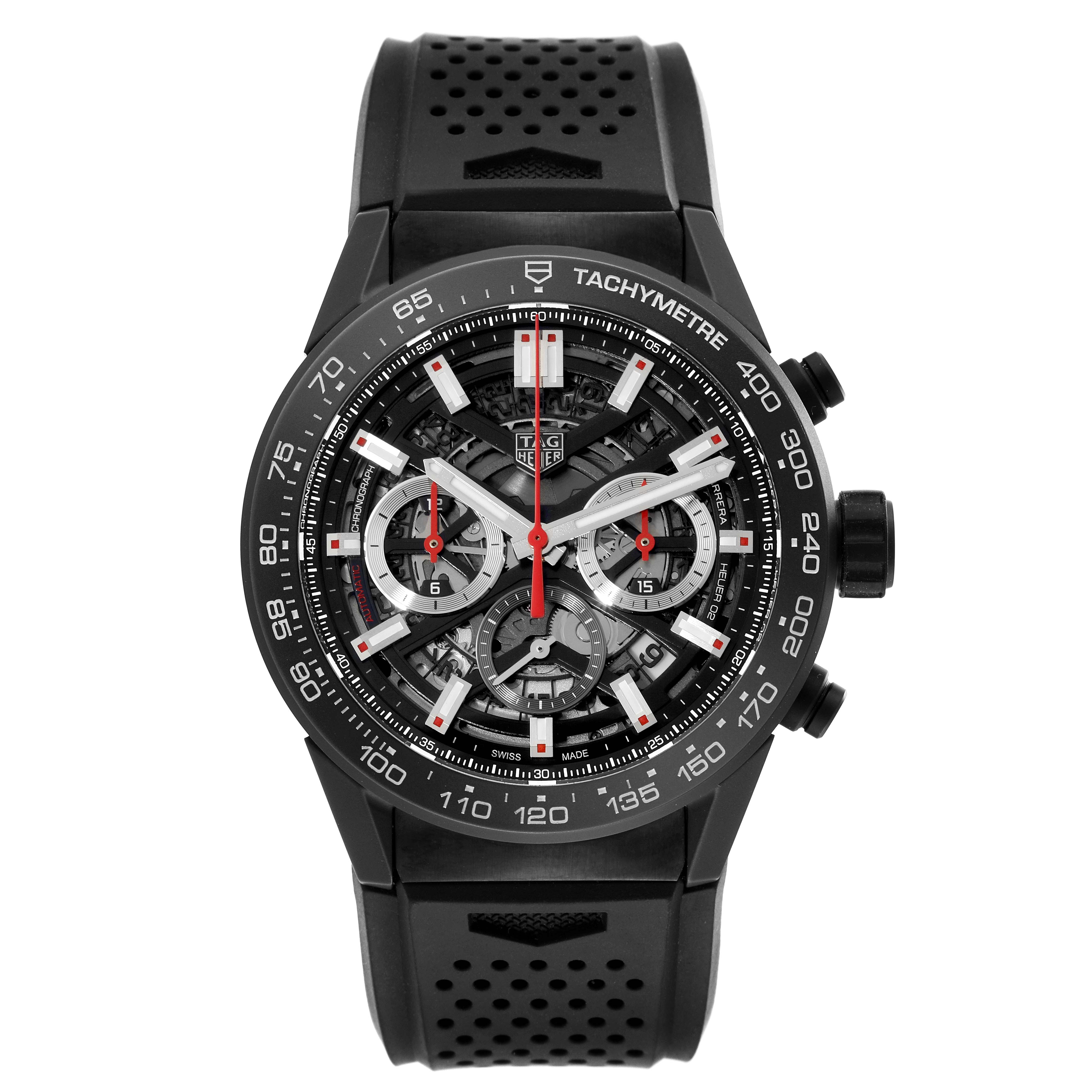 The image shows a front view of a Tag Heuer Carrera CBG2A90.BH0653 Men's Stainless Steel Black Dial CBG2A90.BH0653 Men's Stainless Steel Black Dial watch with a black strap and detailed chronograph dial.