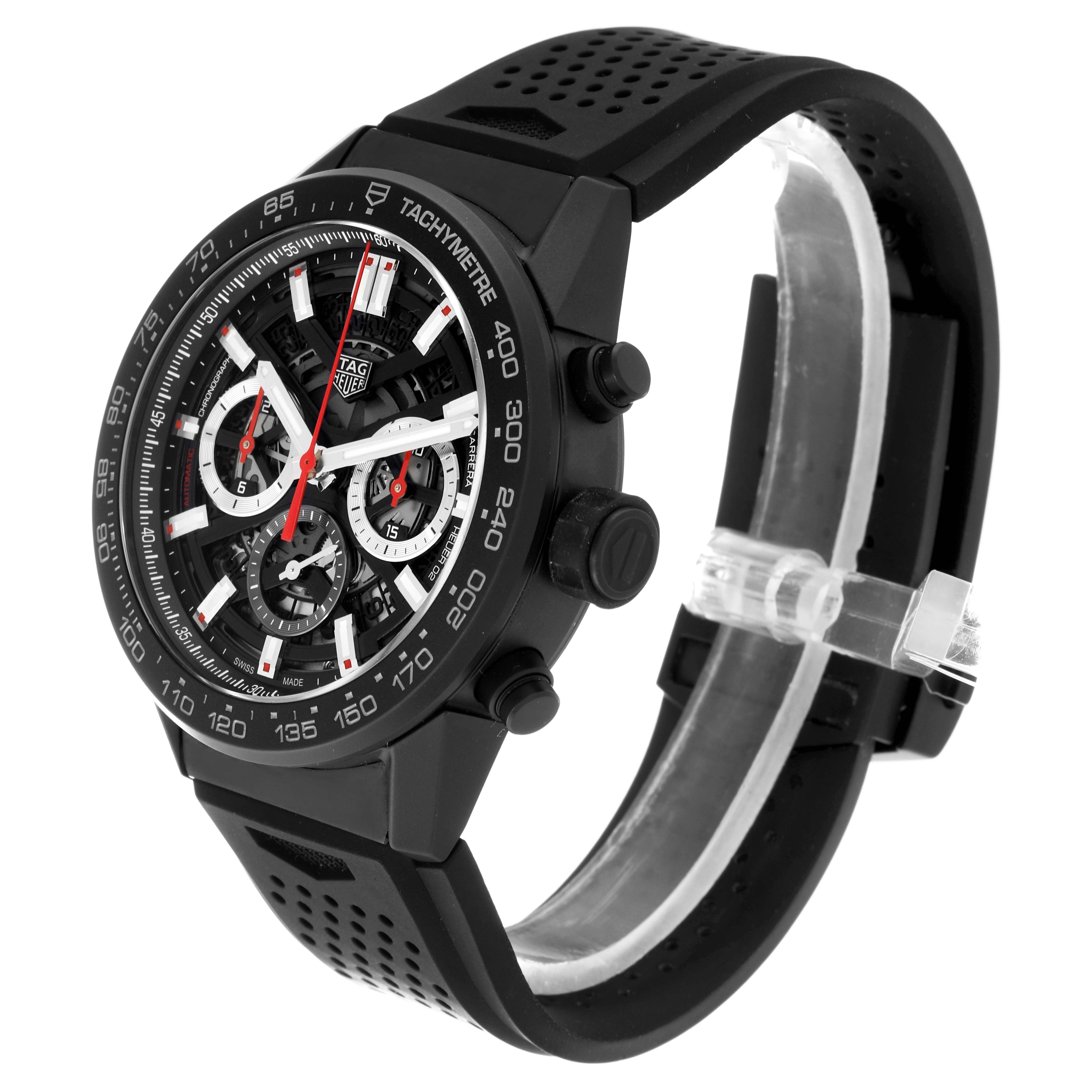 The image shows a side-angle view of a Tag Heuer Carrera CBG2A90.BH0653 Men's Stainless Steel Black Dial CBG2A90.BH0653 Men's Stainless Steel Black Dial watch, highlighting the face, bezel, pushers, and black strap.