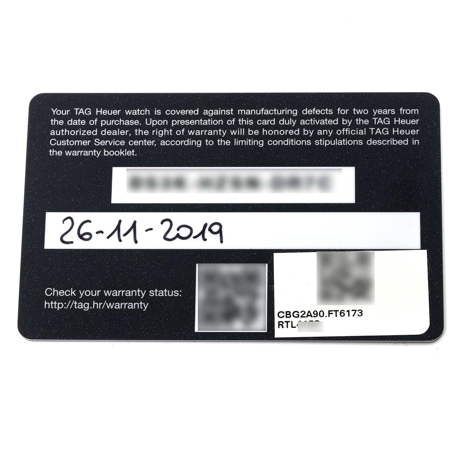 This is a warranty card for a Tag Heuer Carrera CBG2A90.BH0653 Men's Stainless Steel Black Dial CBG2A90.BH0653 Men's Stainless Steel Black Dial model, showing details such as the date of purchase and model number.