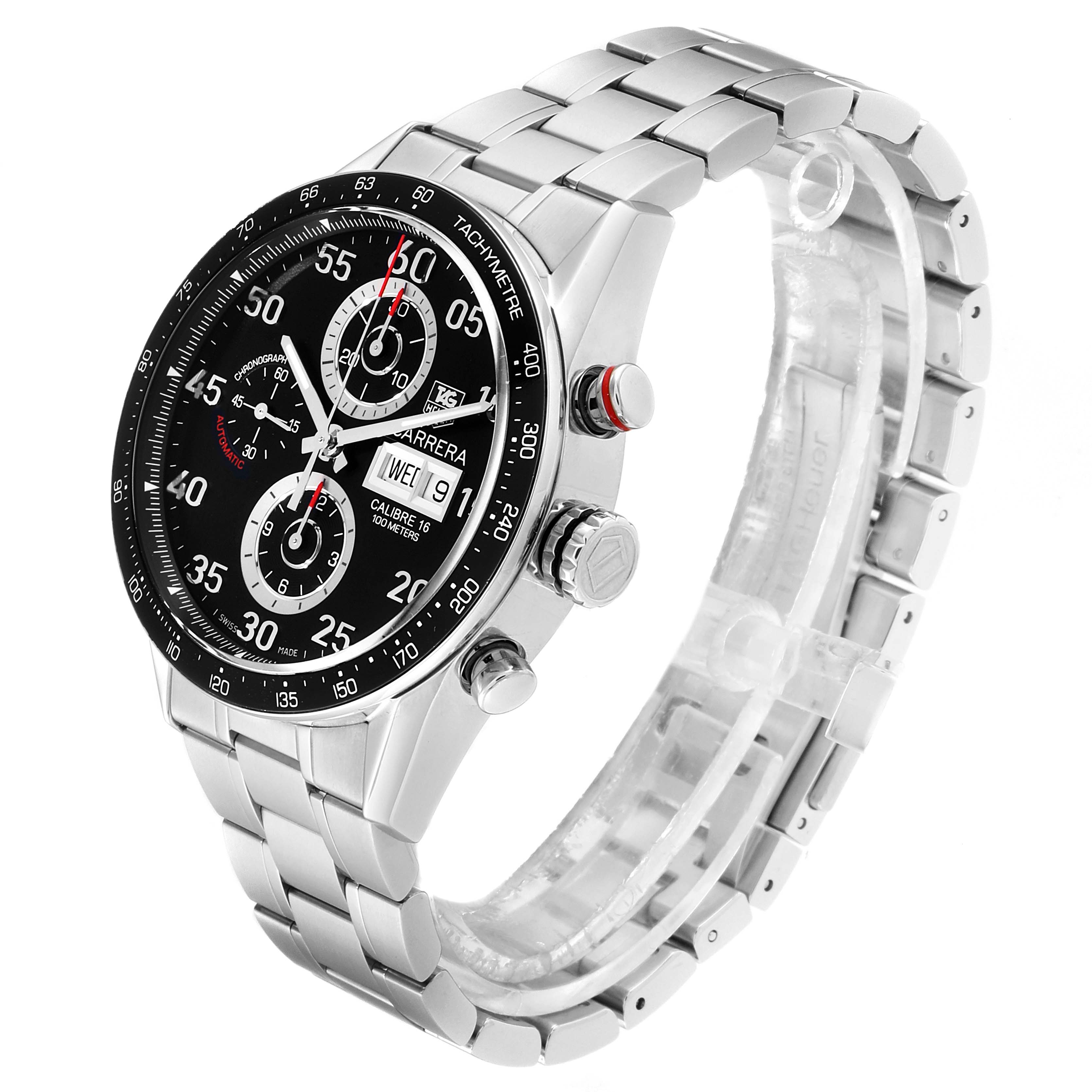 The image shows a Tag Heuer Carrera CV2A10.BA0796 Men
s Stainless Steel Black Dial CV2A10.BA0796 Men
s Stainless Steel Black Dial watch from a three-quarter angle, highlighting the face, bezel, case, and bracelet.