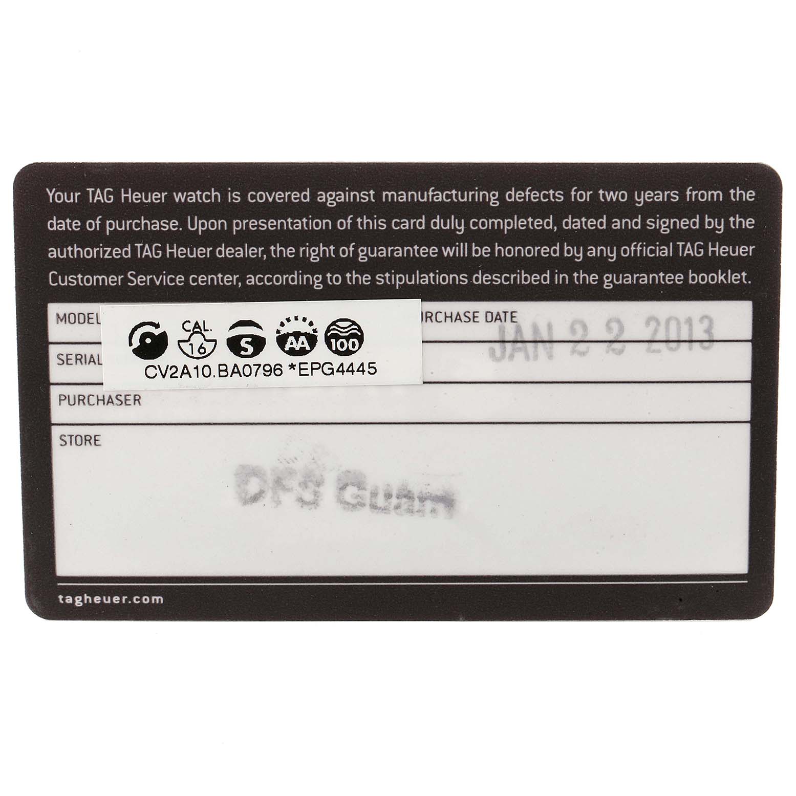 This image shows a warranty card for the Tag Heuer Carrera CV2A10.BA0796 Men
s Stainless Steel Black Dial CV2A10.BA0796 Men
s Stainless Steel Black Dial model watch, including details like serial number and purchase date.