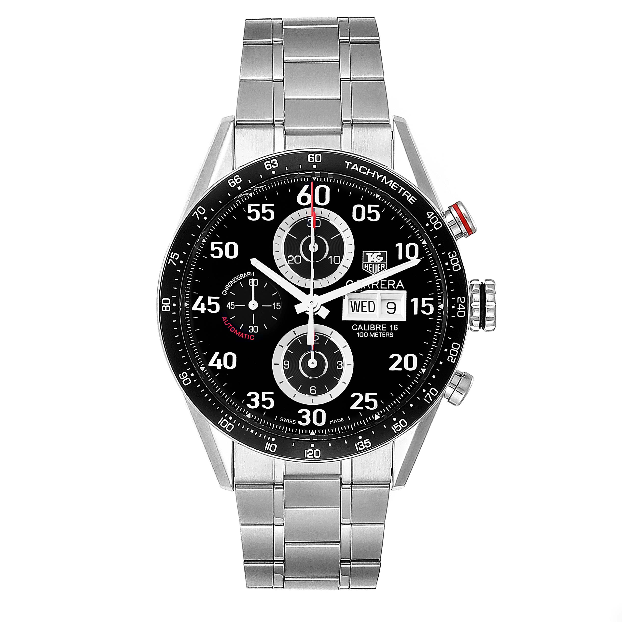 This image shows a frontal view of a Tag Heuer Carrera CV2A10.BA0796 Men
s Stainless Steel Black Dial CV2A10.BA0796 Men
s Stainless Steel Black Dial model watch, featuring its face, bezel, and bracelet.