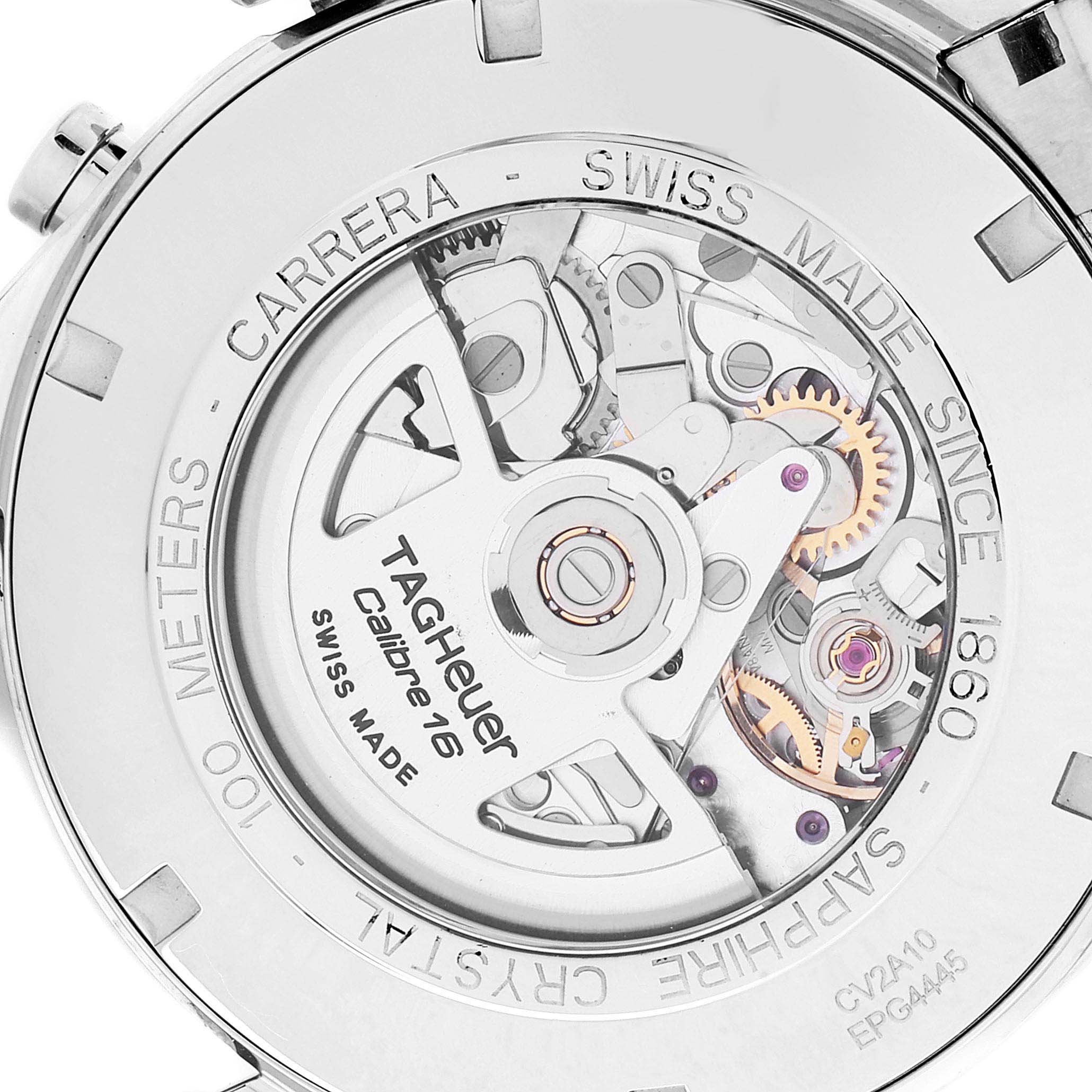 The image shows the back of the Tag Heuer Carrera CV2A10.BA0796 Men
s Stainless Steel Black Dial CV2A10.BA0796 Men
s Stainless Steel Black Dial watch, revealing its mechanical movement and sapphire crystal case back.