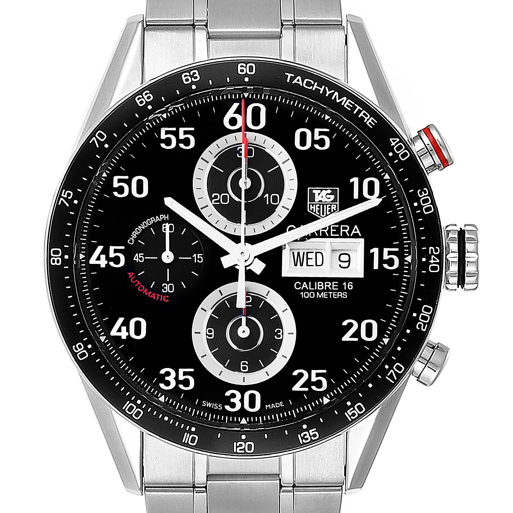 The image shows a front view of the Tag Heuer Carrera CV2A10.BA0796 Men
s Stainless Steel Black Dial CV2A10.BA0796 Men
s Stainless Steel Black Dial watch, highlighting its face, dials, and bracelet.