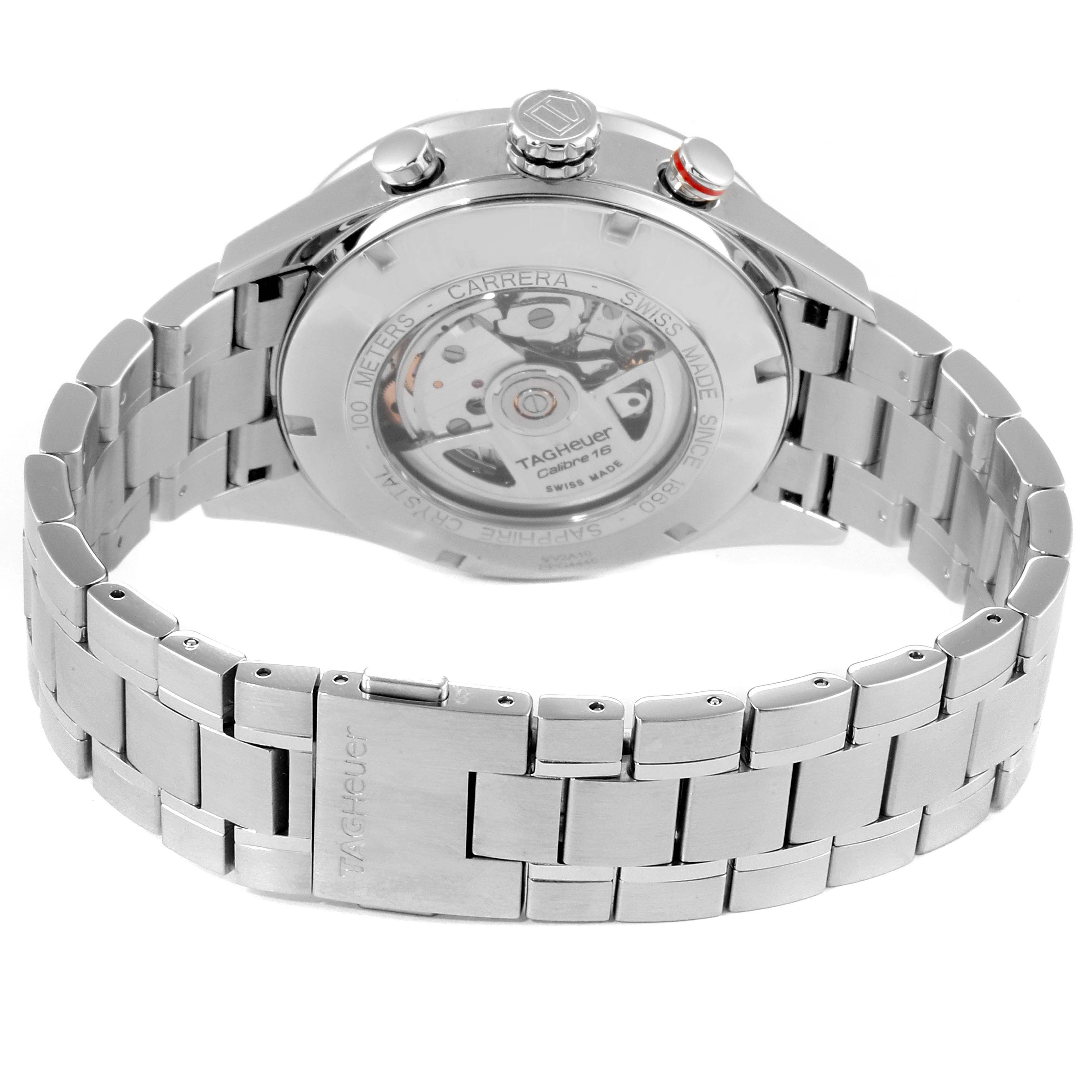 The image shows the rear view of a Tag Heuer Carrera CV2A10.BA0796 Men
s Stainless Steel Black Dial CV2A10.BA0796 Men
s Stainless Steel Black Dial watch, highlighting its transparent case back and stainless steel bracelet.