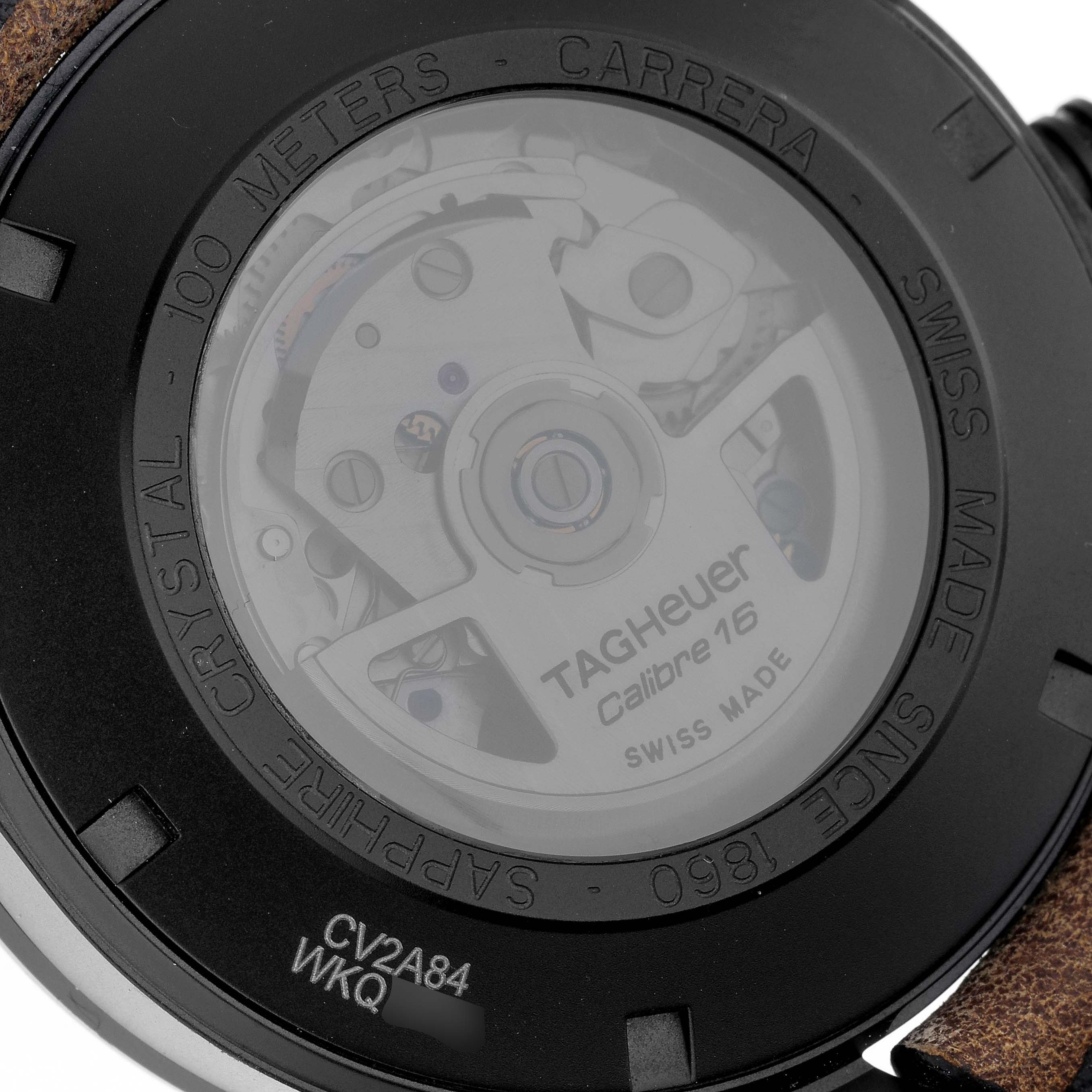 This image shows the back view of a Tag Heuer Carrera CV2A84.FC6394 Men's Titanium Black Dial CV2A84.FC6394 Men's Titanium Black Dial watch, showcasing its Calibre 16 movement and case details.