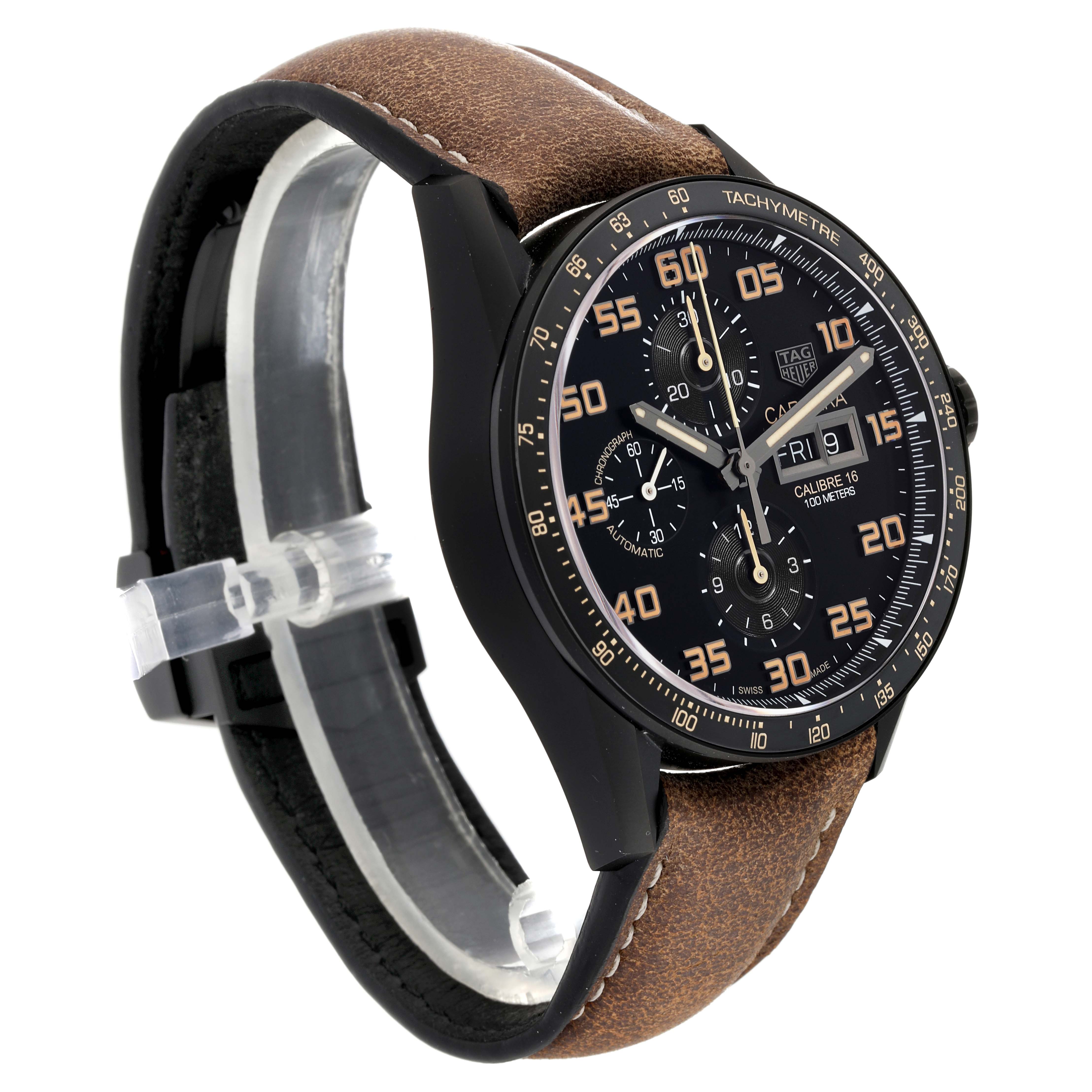 The image shows a Tag Heuer Carrera CV2A84.FC6394 Men's Titanium Black Dial CV2A84.FC6394 Men's Titanium Black Dial watch at a three-quarter angle, displaying the face, side, and leather strap.