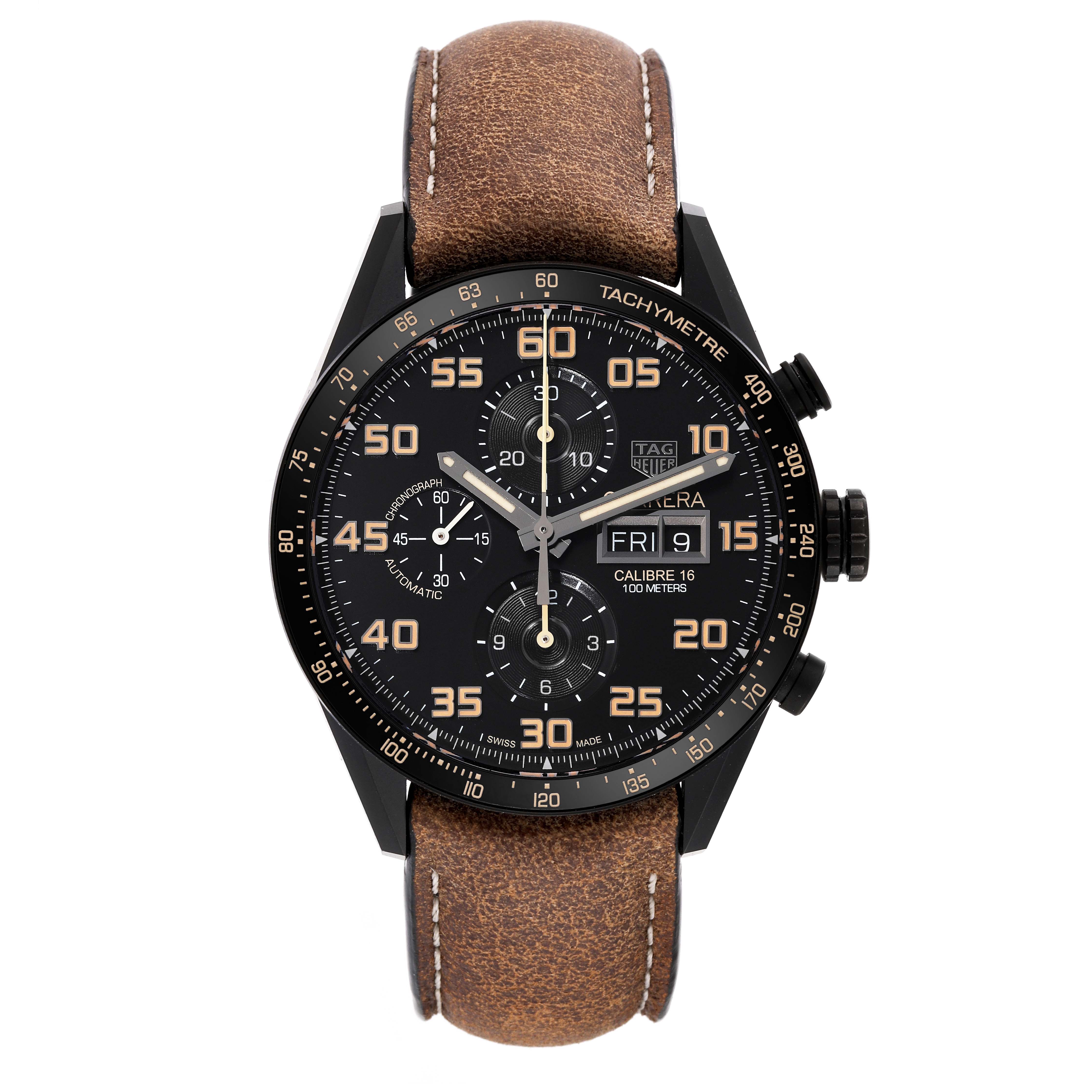 The image shows a front view of a Tag Heuer Carrera CV2A84.FC6394 Men's Titanium Black Dial CV2A84.FC6394 Men's Titanium Black Dial watch with a black dial and brown leather strap.