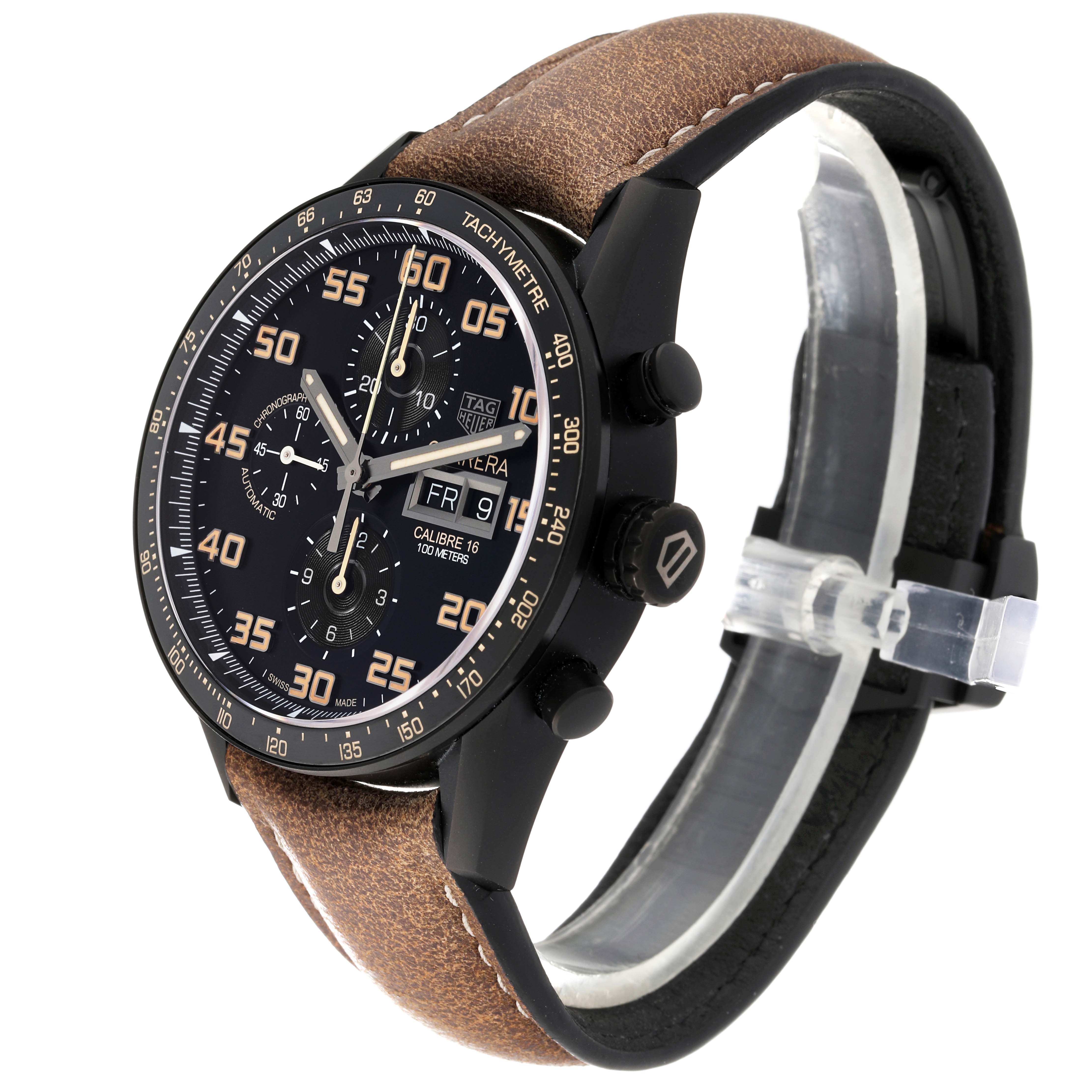 The Tag Heuer Carrera CV2A84.FC6394 Men's Titanium Black Dial CV2A84.FC6394 Men's Titanium Black Dial watch is shown at a 3/4 angle, displaying the face, bezel, pushers, and leather strap.