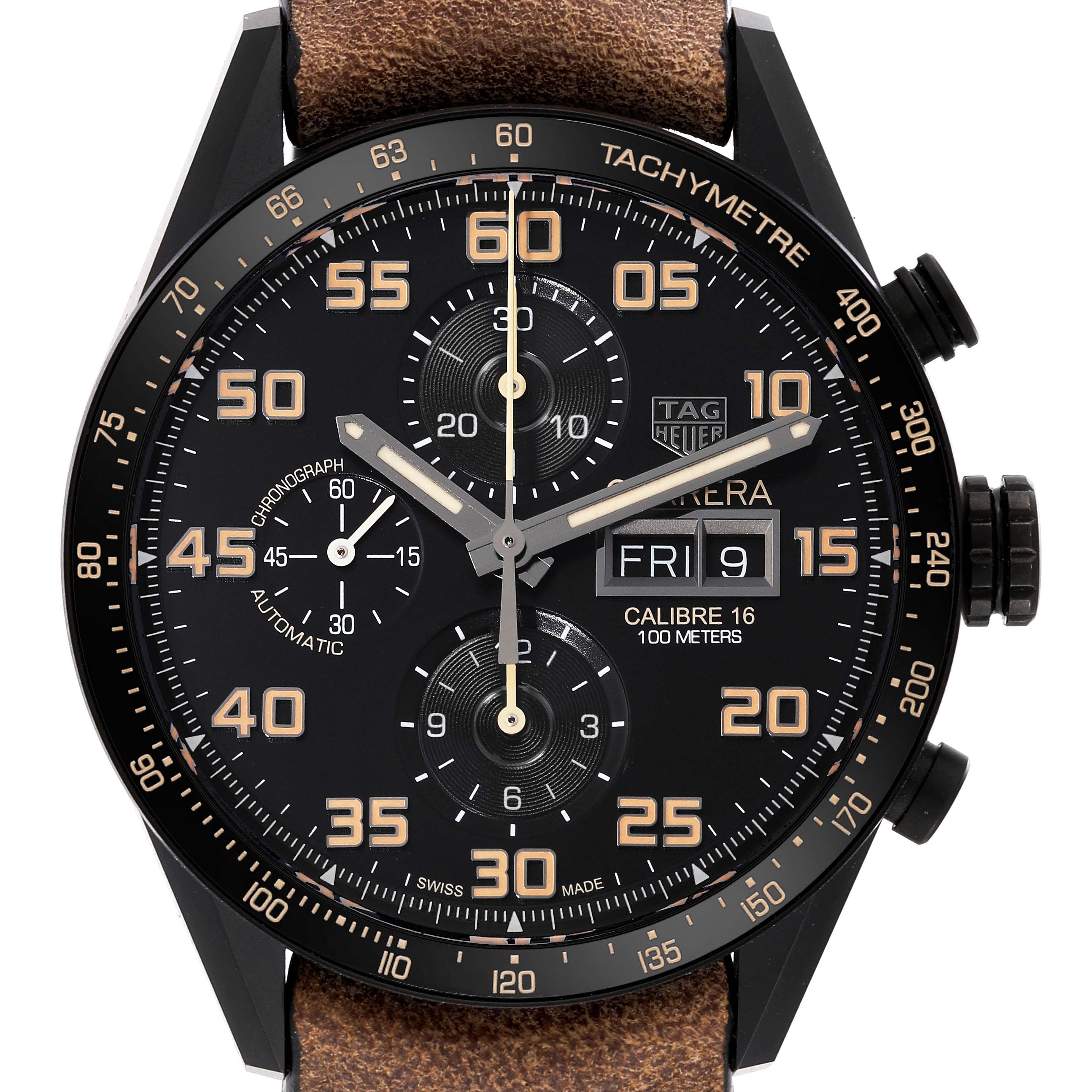 The image shows the Tag Heuer Carrera CV2A84.FC6394 Men's Titanium Black Dial CV2A84.FC6394 Men's Titanium Black Dial watch face at a frontal angle, highlighting the dials, hands, and date display.