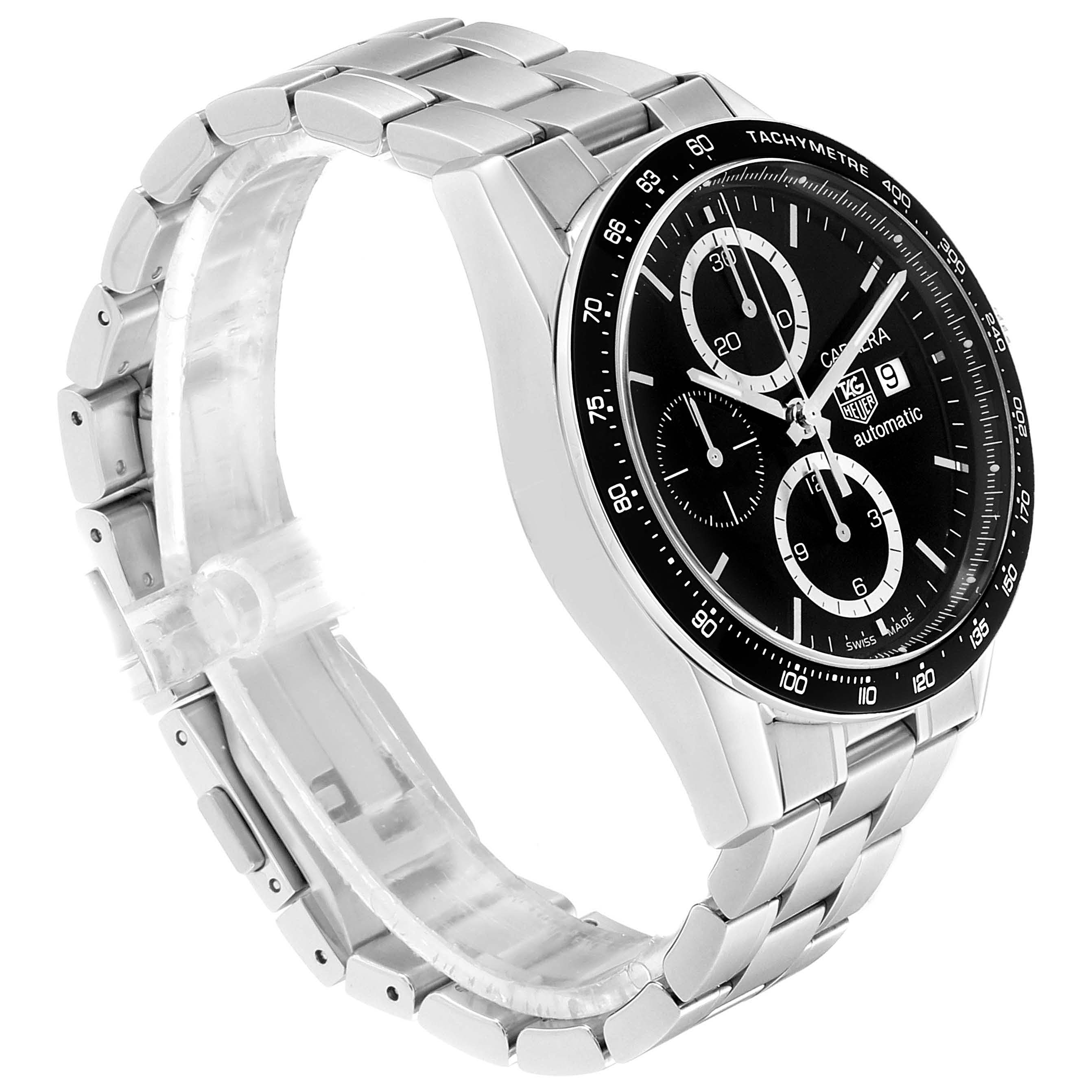 The Tag Heuer Carrera CV2010-3 Men
s Stainless Steel Black Dial CV2010-3 Men
s Stainless Steel Black Dial watch is shown at a three-quarter angle, displaying the face, bezel, and part of the bracelet.