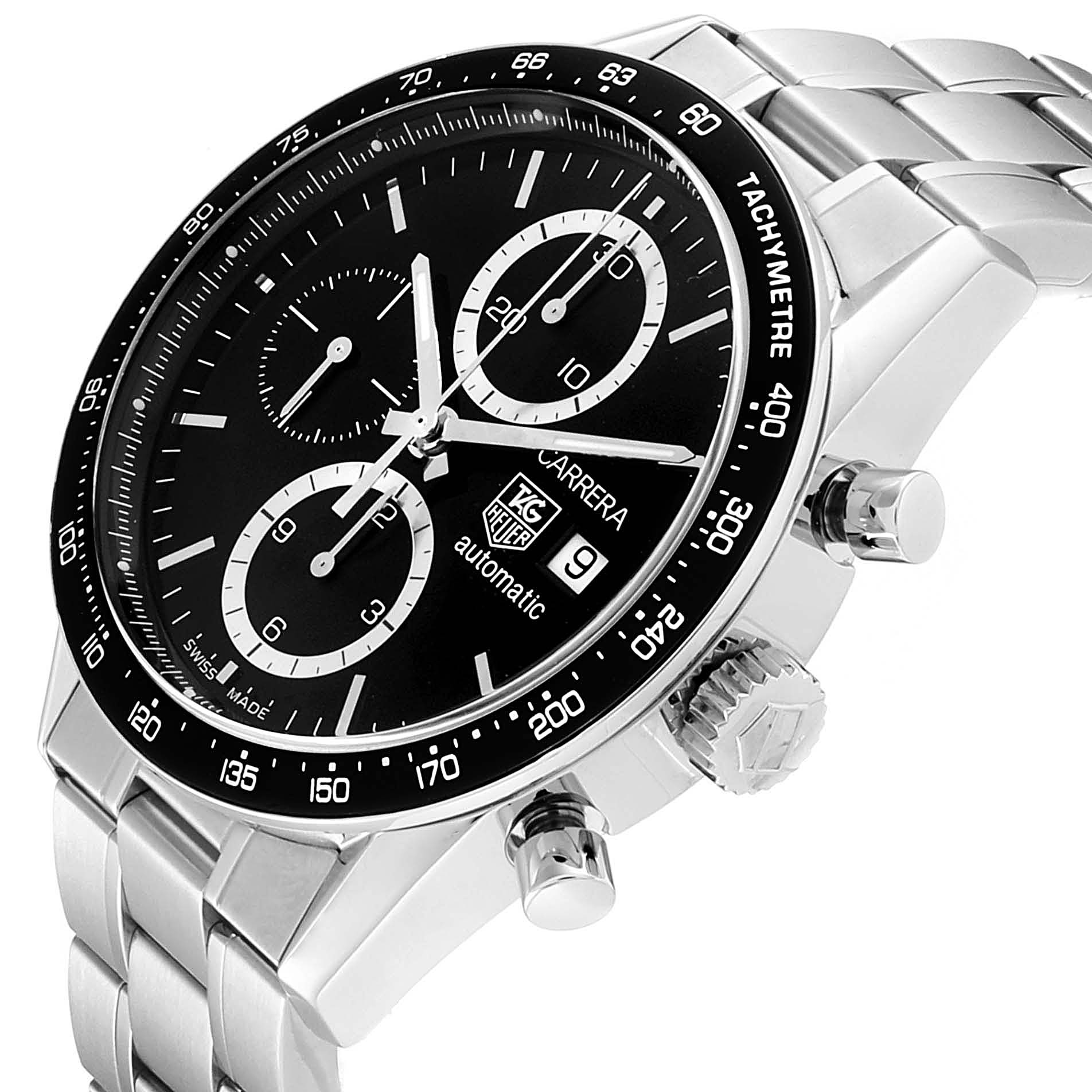 This Tag Heuer Carrera CV2010-3 Men
s Stainless Steel Black Dial CV2010-3 Men
s Stainless Steel Black Dial watch is shown at an angle highlighting the black dial, tachymeter bezel, crown, pushers, and metal bracelet.