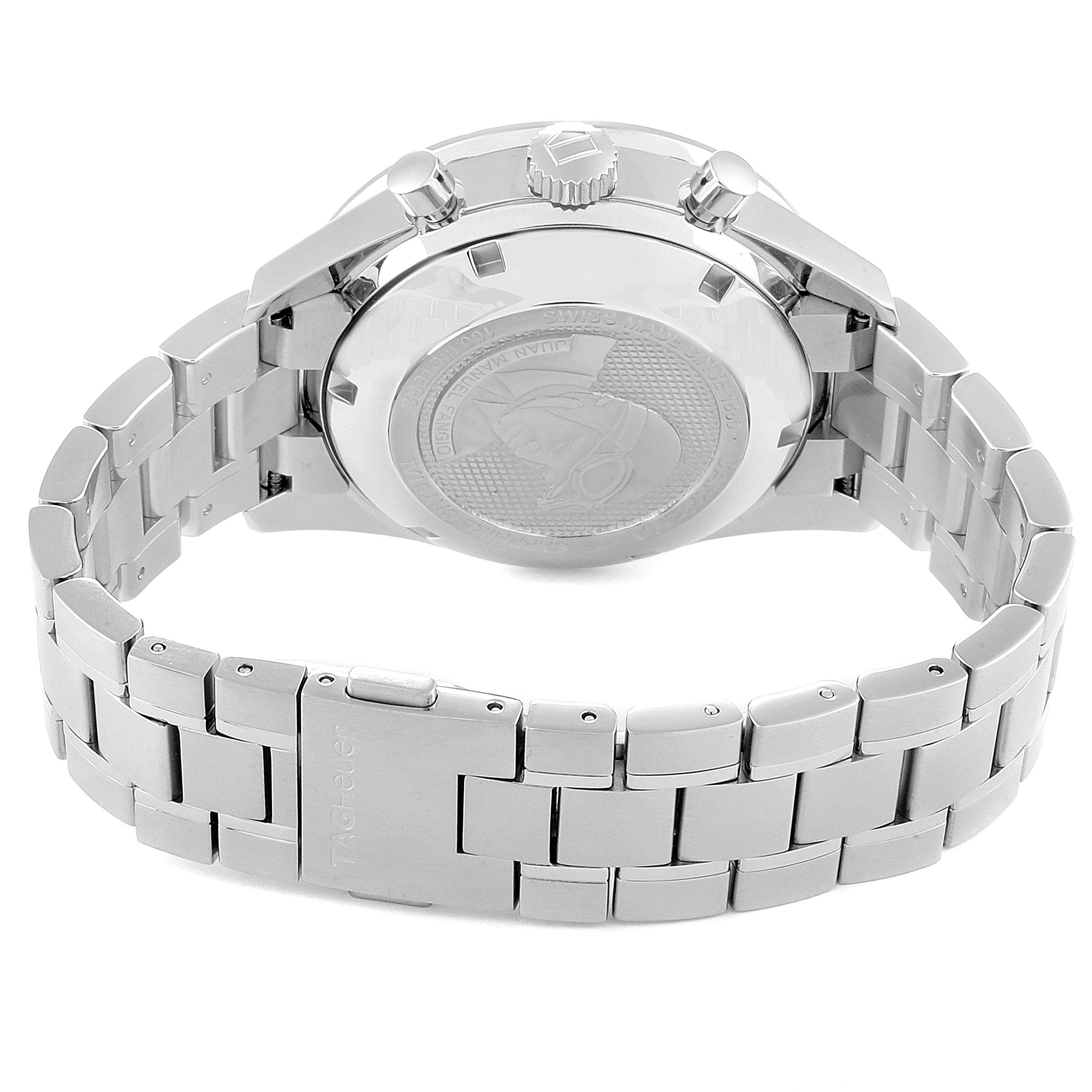 The image shows the back case and stainless steel bracelet of a Tag Heuer Carrera CV2010-3 Men
s Stainless Steel Black Dial CV2010-3 Men
s Stainless Steel Black Dial watch, angled to highlight the case back design.