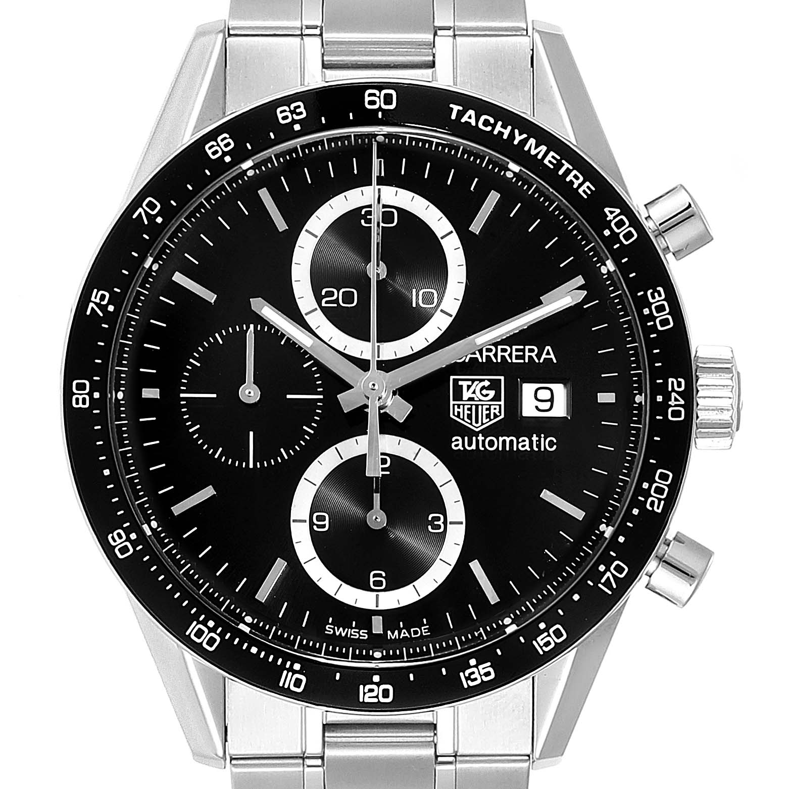 The image shows a front view of the Carrera model by Tag Heuer, highlighting the dial, subdials, crown, and pushers.