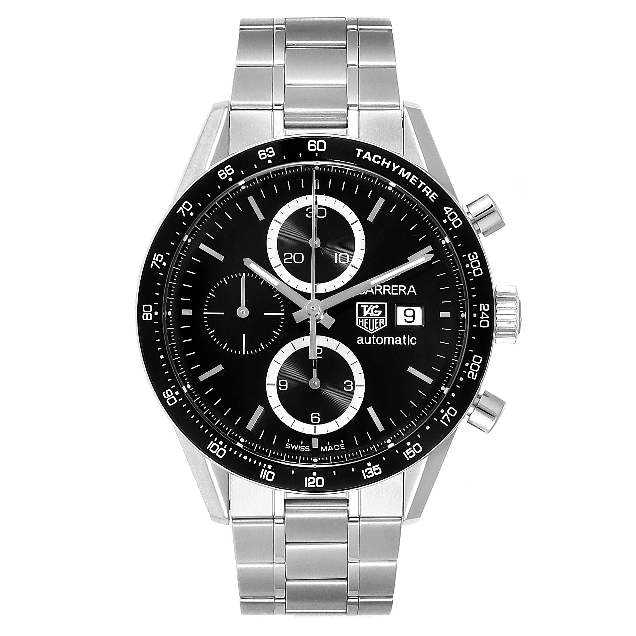 The Tag Heuer Carrera CV2010-3 Men
s Stainless Steel Black Dial CV2010-3 Men
s Stainless Steel Black Dial watch is shown from a front angle, displaying its black dial, chronograph subdials, and stainless steel bracelet.