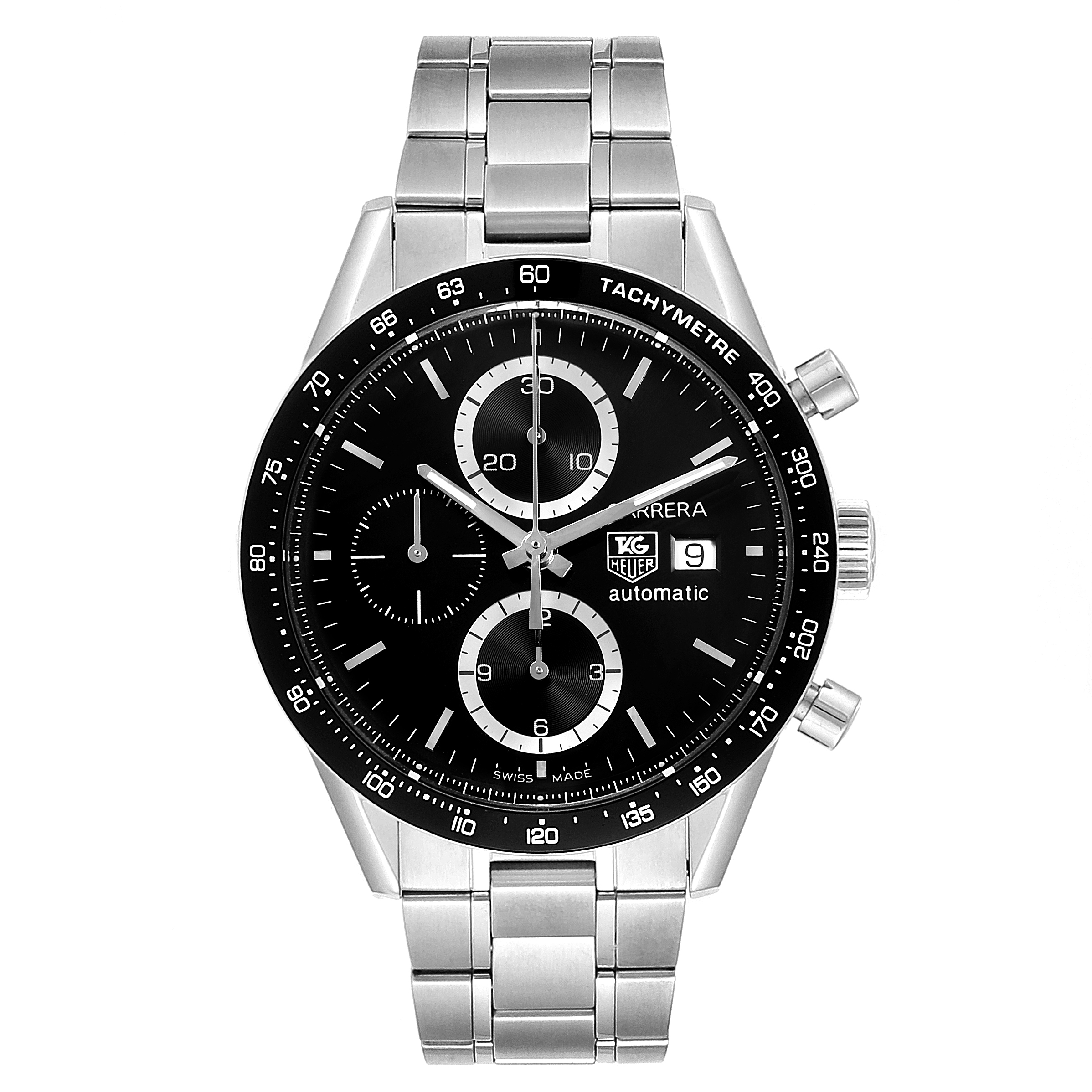 This image shows a frontal view of the Tag Heuer Carrera CV2010 Men
s Stainless Steel Black Dial CV2010 Men
s Stainless Steel Black Dial watch, highlighting its dial, bezel, and bracelet.
