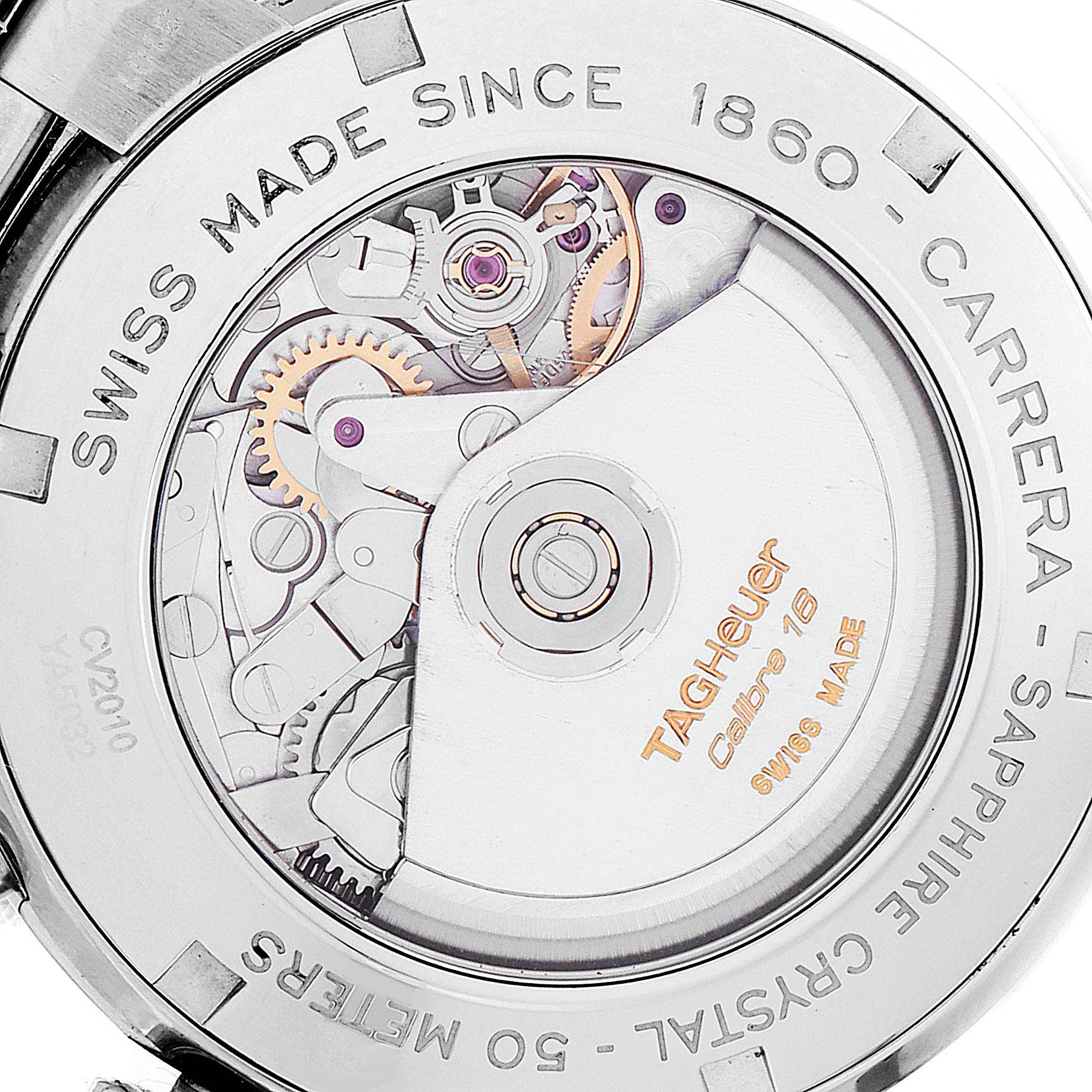 The image shows the back of a Tag Heuer Carrera CV2010 Men
s Stainless Steel Black Dial CV2010 Men
s Stainless Steel Black Dial watch, highlighting the intricate internal mechanism and engraving details.