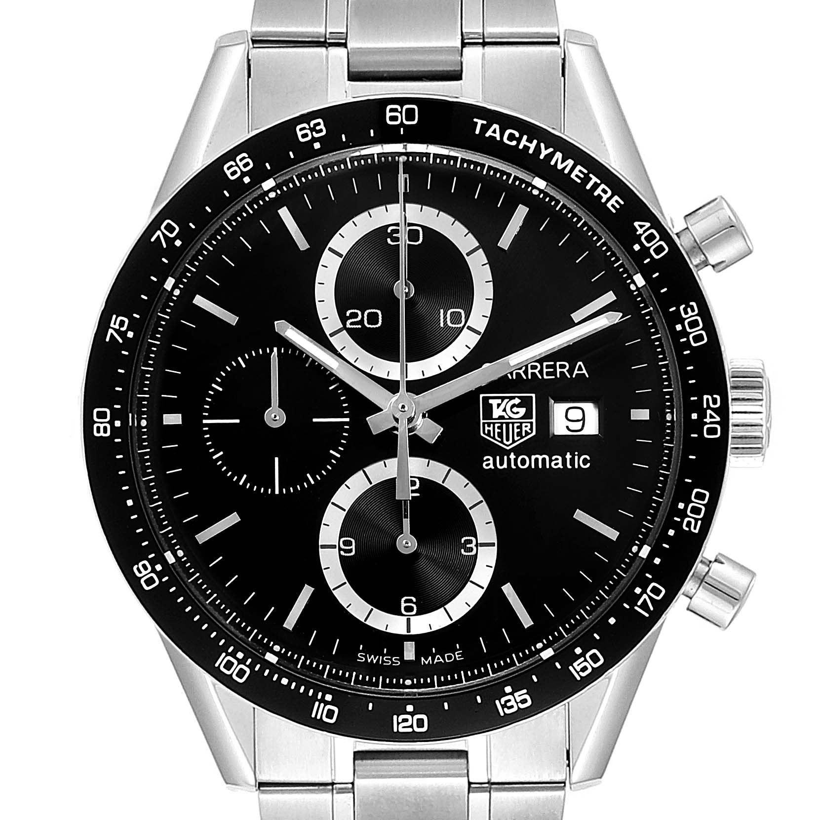 The image shows a front view of a Tag Heuer Carrera CV2010 Men
s Stainless Steel Black Dial CV2010 Men
s Stainless Steel Black Dial watch, displaying the dial, chronograph subdials, and date window.