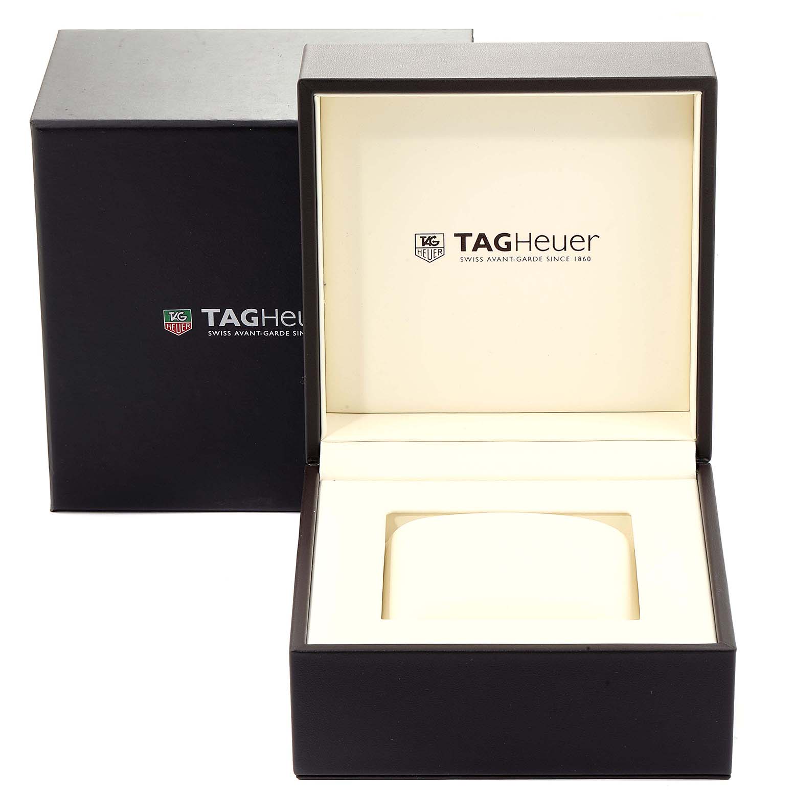 The image shows the packaging box of a Tag Heuer Carrera CV2010 Men
s Stainless Steel Black Dial CV2010 Men
s Stainless Steel Black Dial model watch, including the outer box and an open inner box.