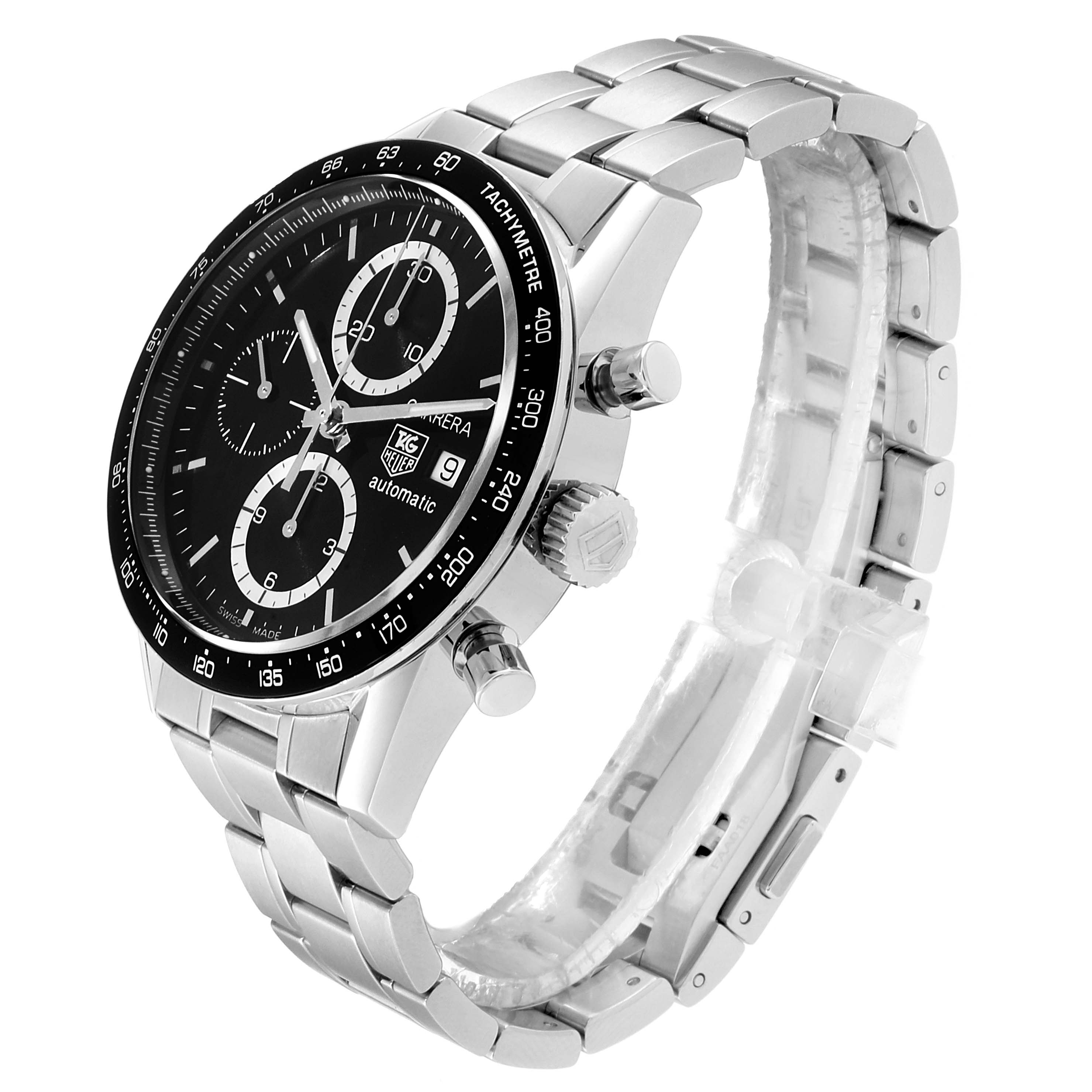 The image shows a side angle view of a Tag Heuer Carrera CV2010 Men
s Stainless Steel Black Dial CV2010 Men
s Stainless Steel Black Dial watch, highlighting the face, bezel, crown, and band.