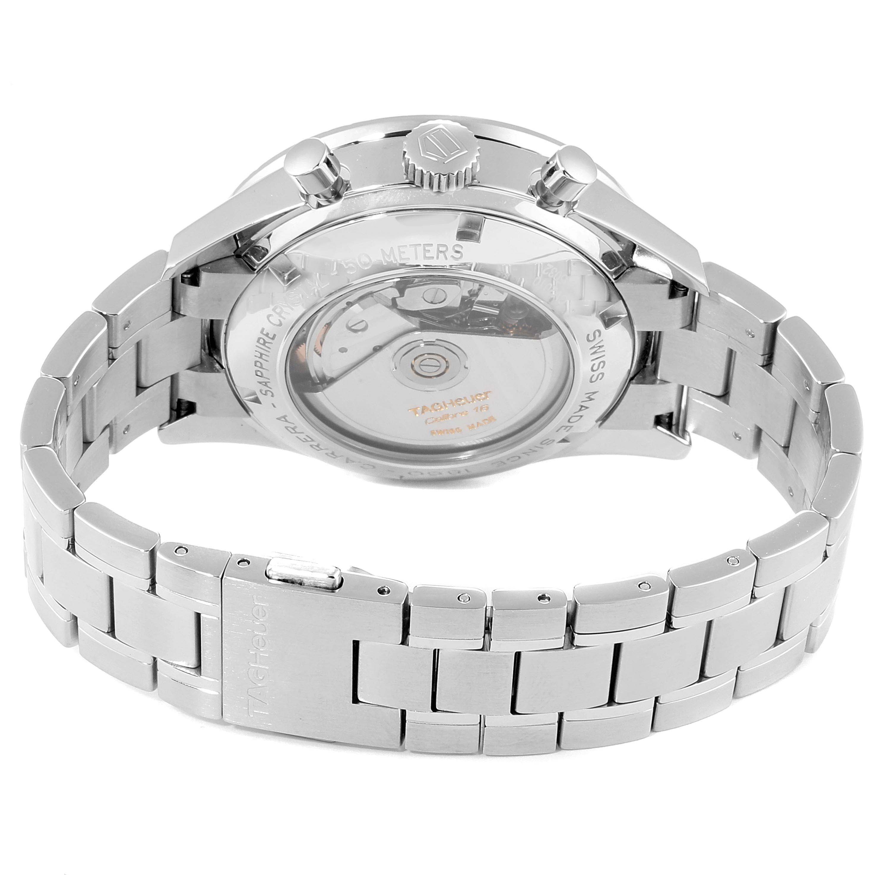 This image shows the Tag Heuer Carrera CV2010 Men
s Stainless Steel Black Dial CV2010 Men
s Stainless Steel Black Dial model
s back case and part of its metal bracelet from a rear angle.