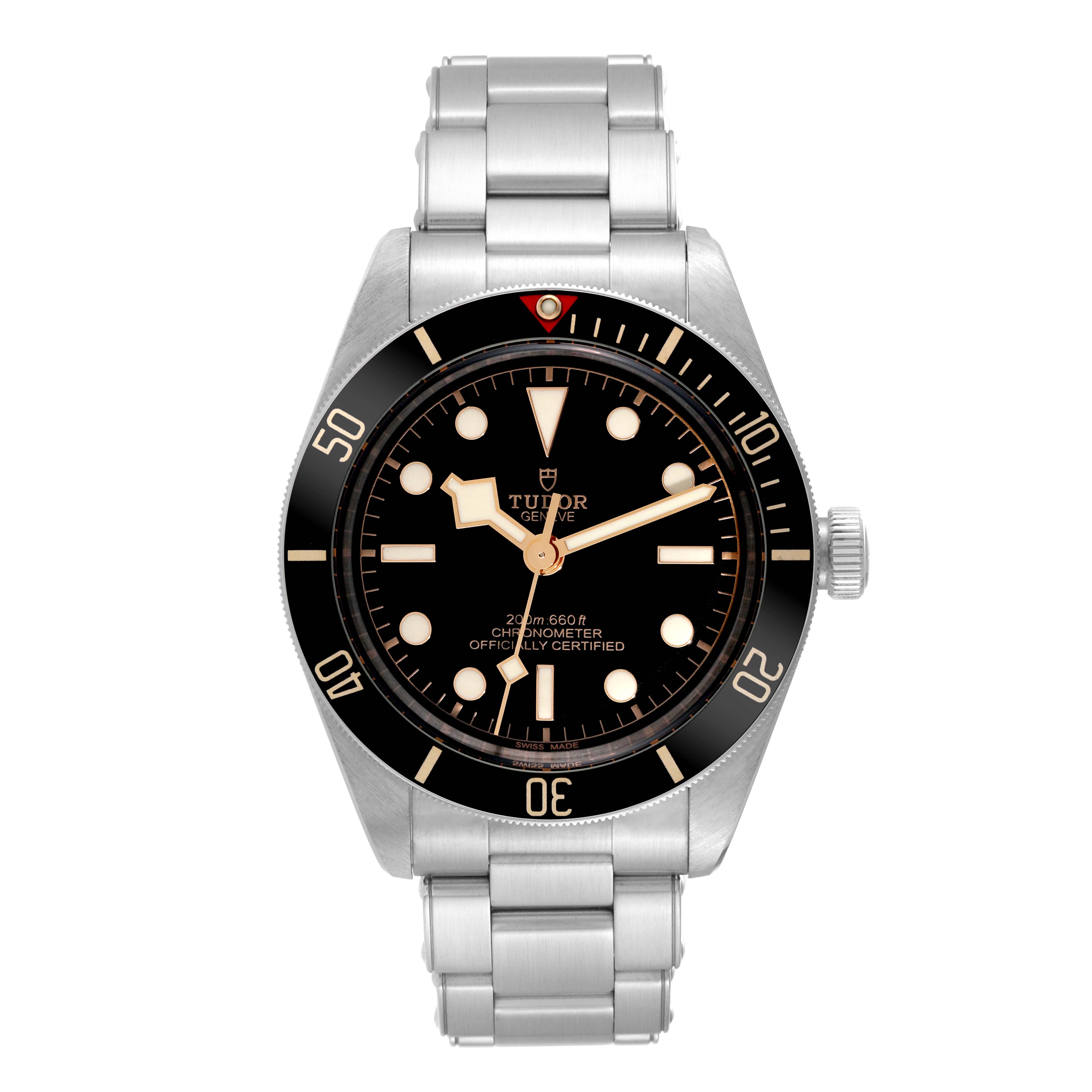 The image shows a front view of the Tudor Heritage Black Bay 79030N Men's Stainless Steel Black Dial 79030N Men's Stainless Steel Black Dial watch, including its bezel, dial, hands, crown, and metal bracelet.