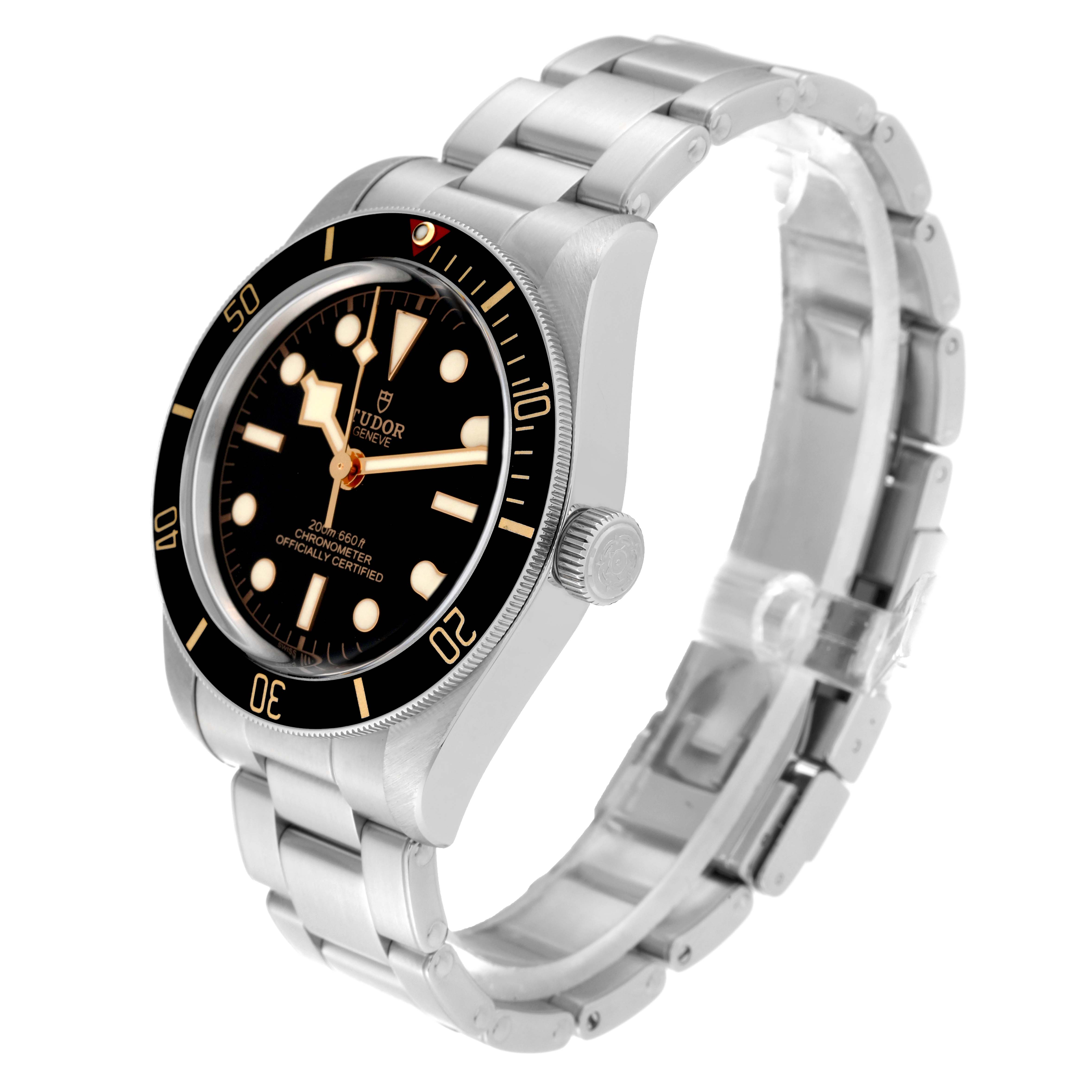 The Tudor Heritage Black Bay 79030N Men's Stainless Steel Black Dial 79030N Men's Stainless Steel Black Dial watch is shown at a three-quarter angle highlighting its face, bracelet, and side profile.
