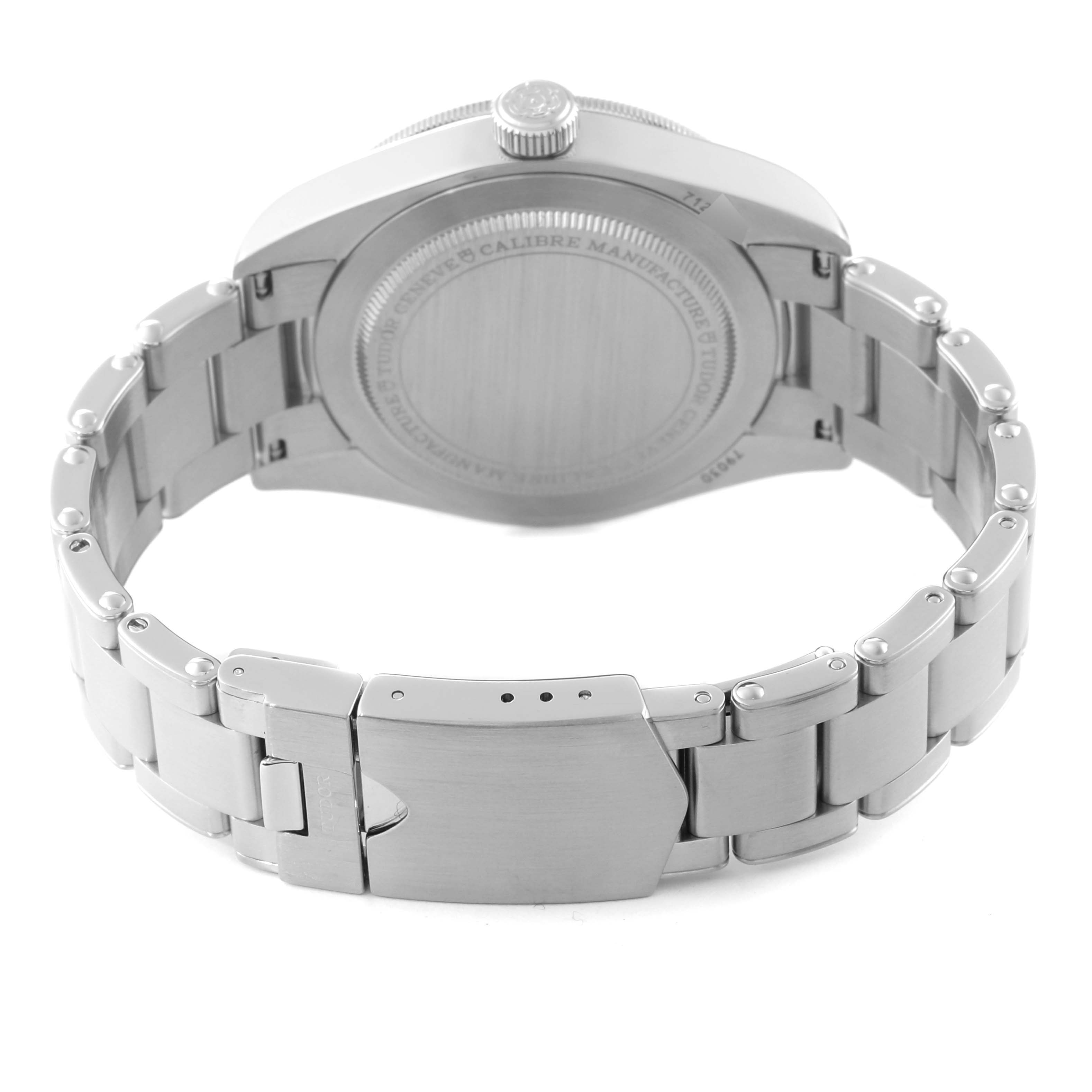 The image shows the back view of a Tudor Heritage Black Bay 79030N Men's Stainless Steel Black Dial 79030N Men's Stainless Steel Black Dial watch, highlighting its stainless steel case back and bracelet clasp.