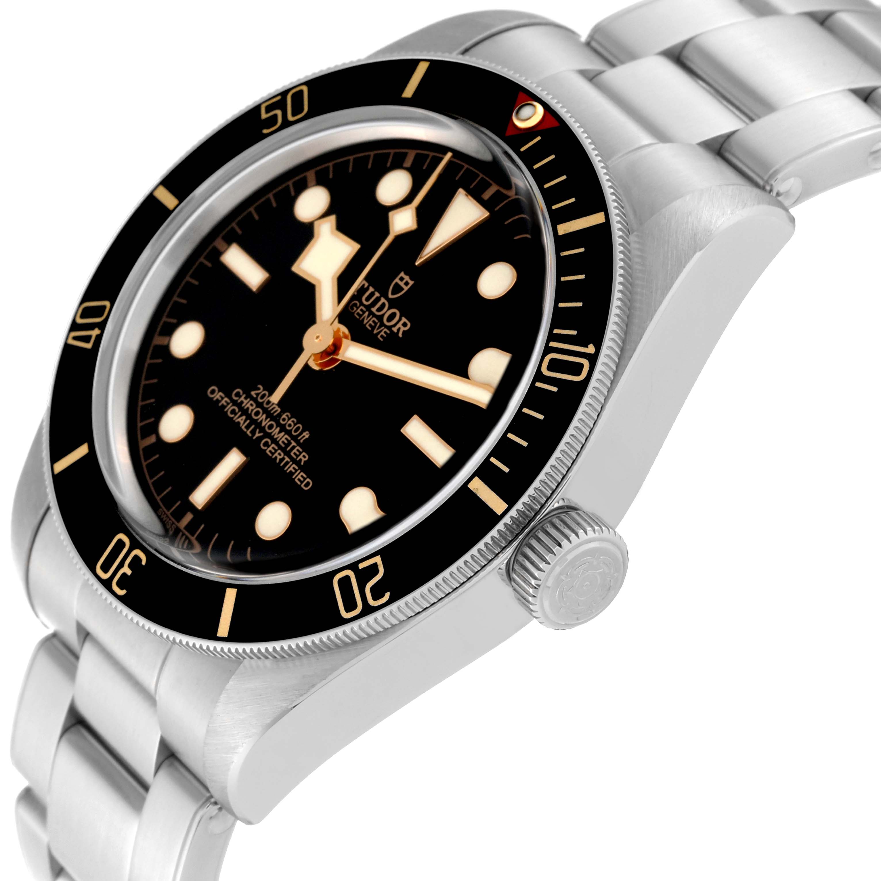 This image shows a Heritage Black Bay watch by Tudor at an angle displaying its dial, bezel, crown, and stainless steel bracelet.